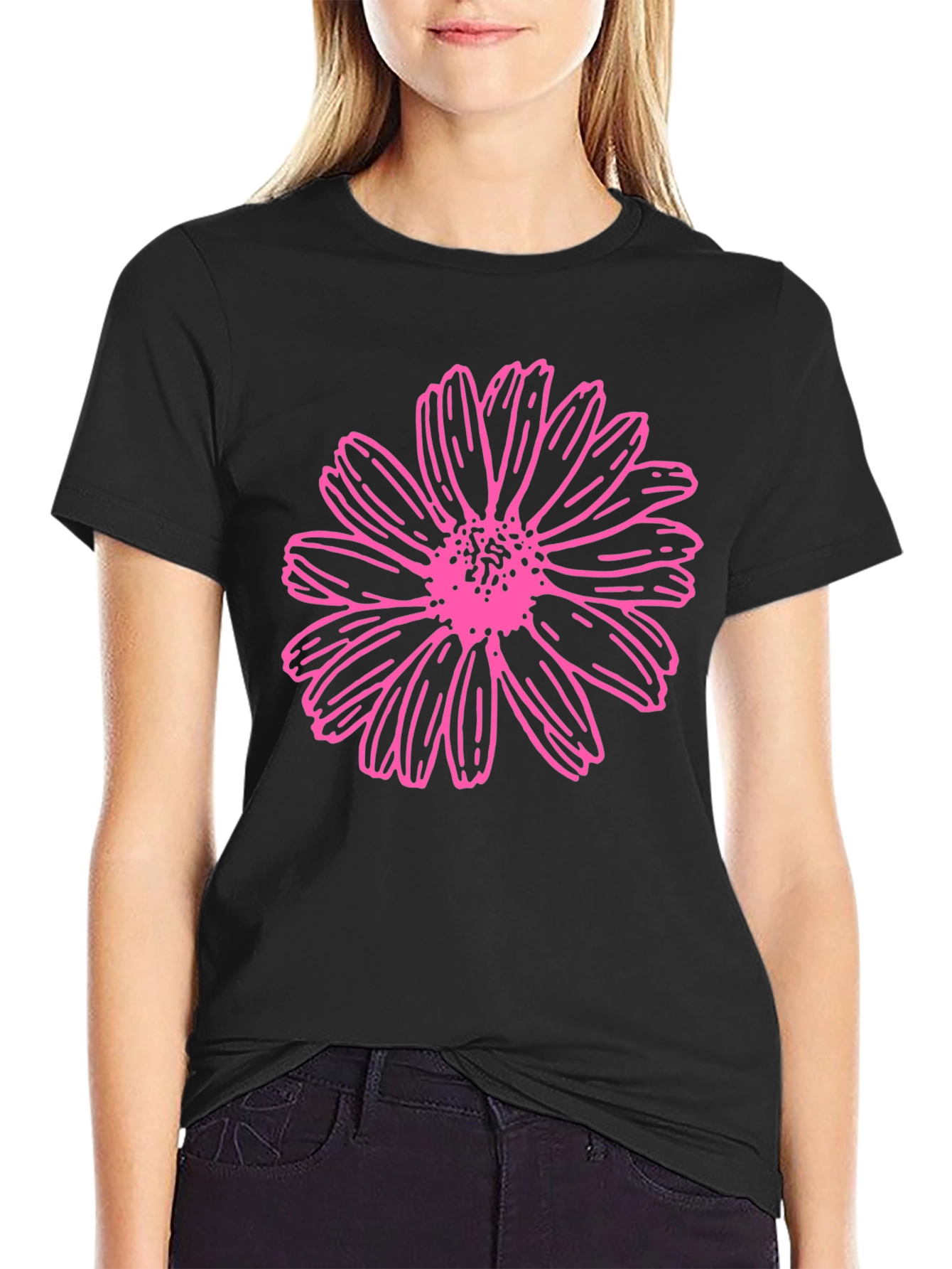 Black Pink Daisy Graphic T-Shirt - Black Cotton Blend view 2
