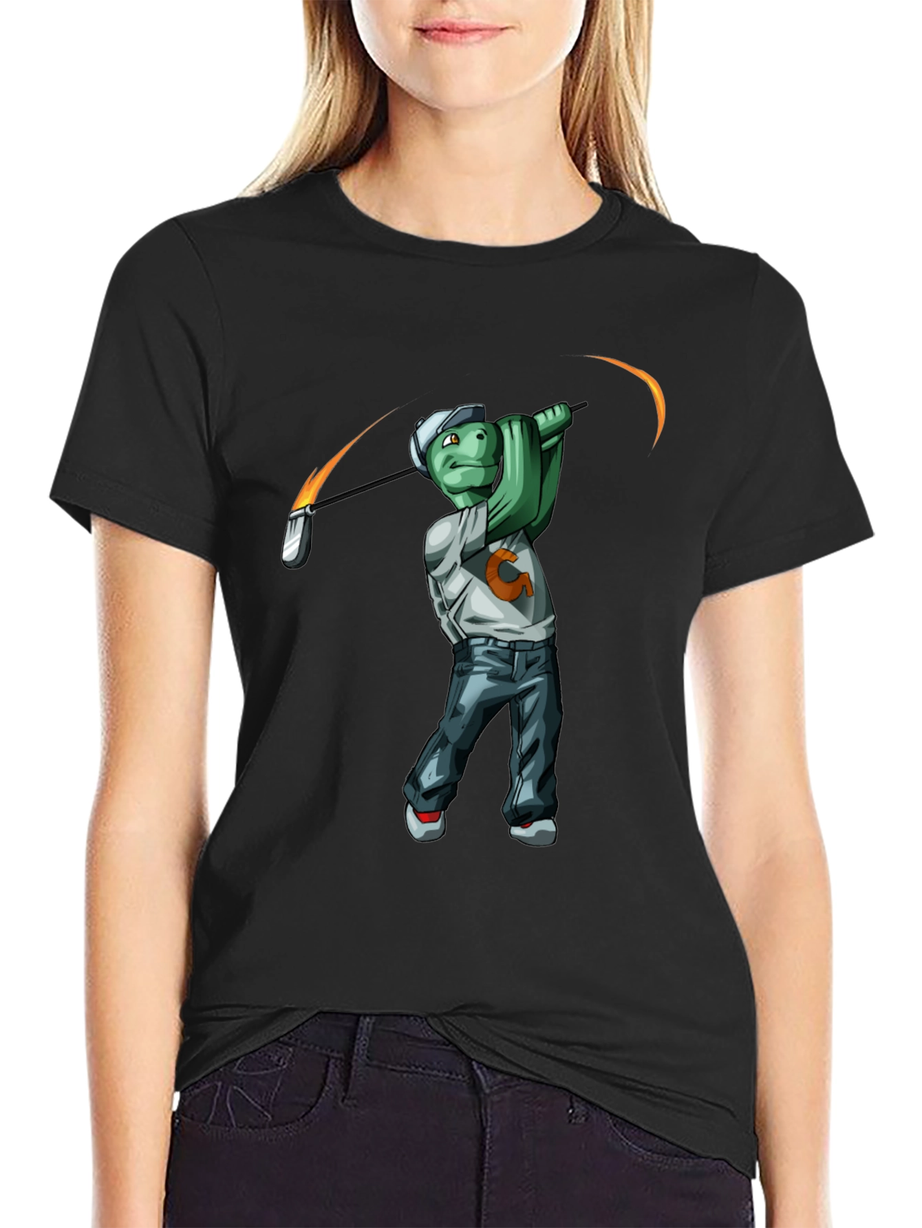 Black Golfing Turtle Graphic T-Shirt - Funny Tee view 2