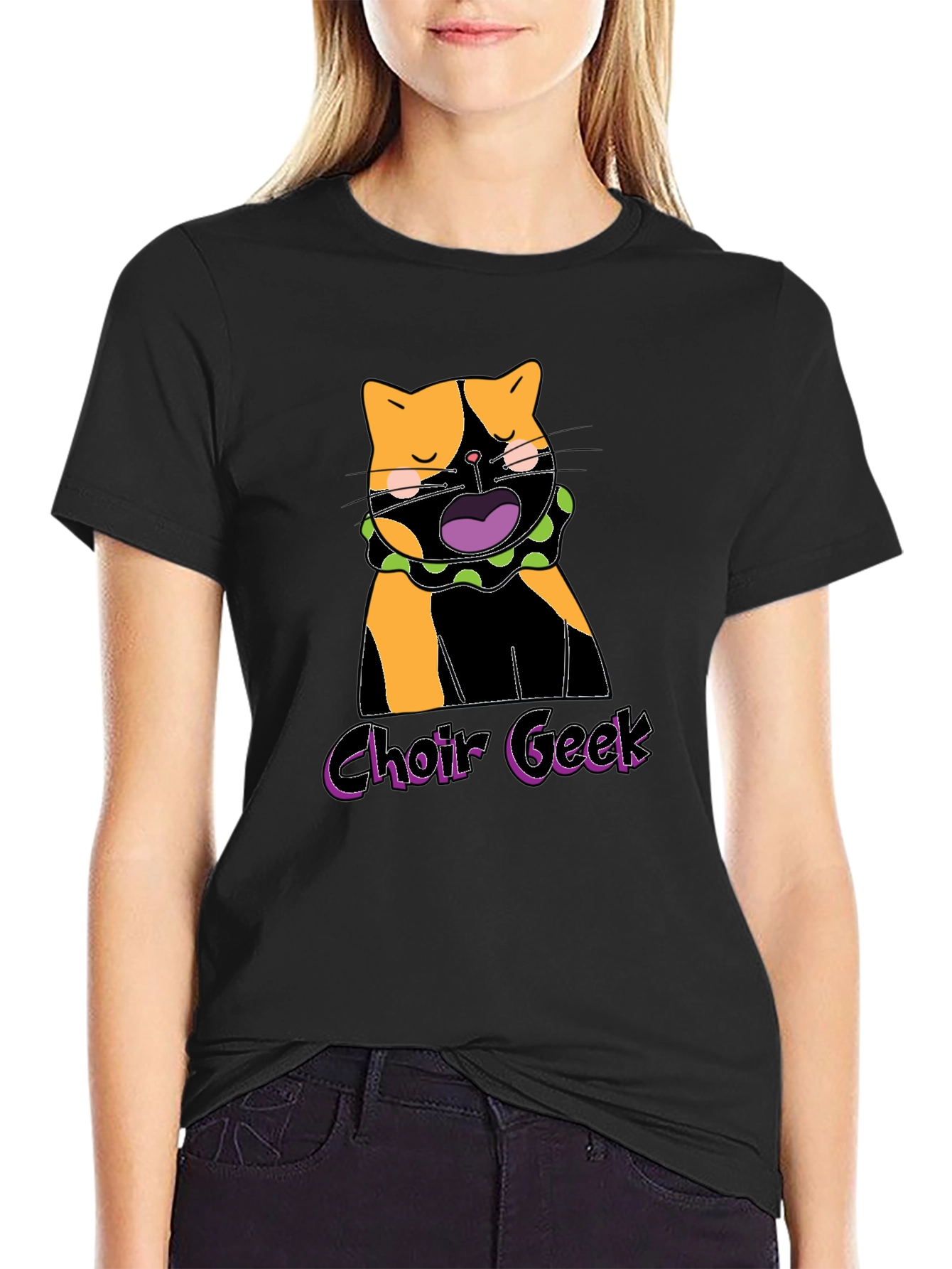 Black Choir Geek Cat Graphic Tee - Black Cotton T-Shirt view 2