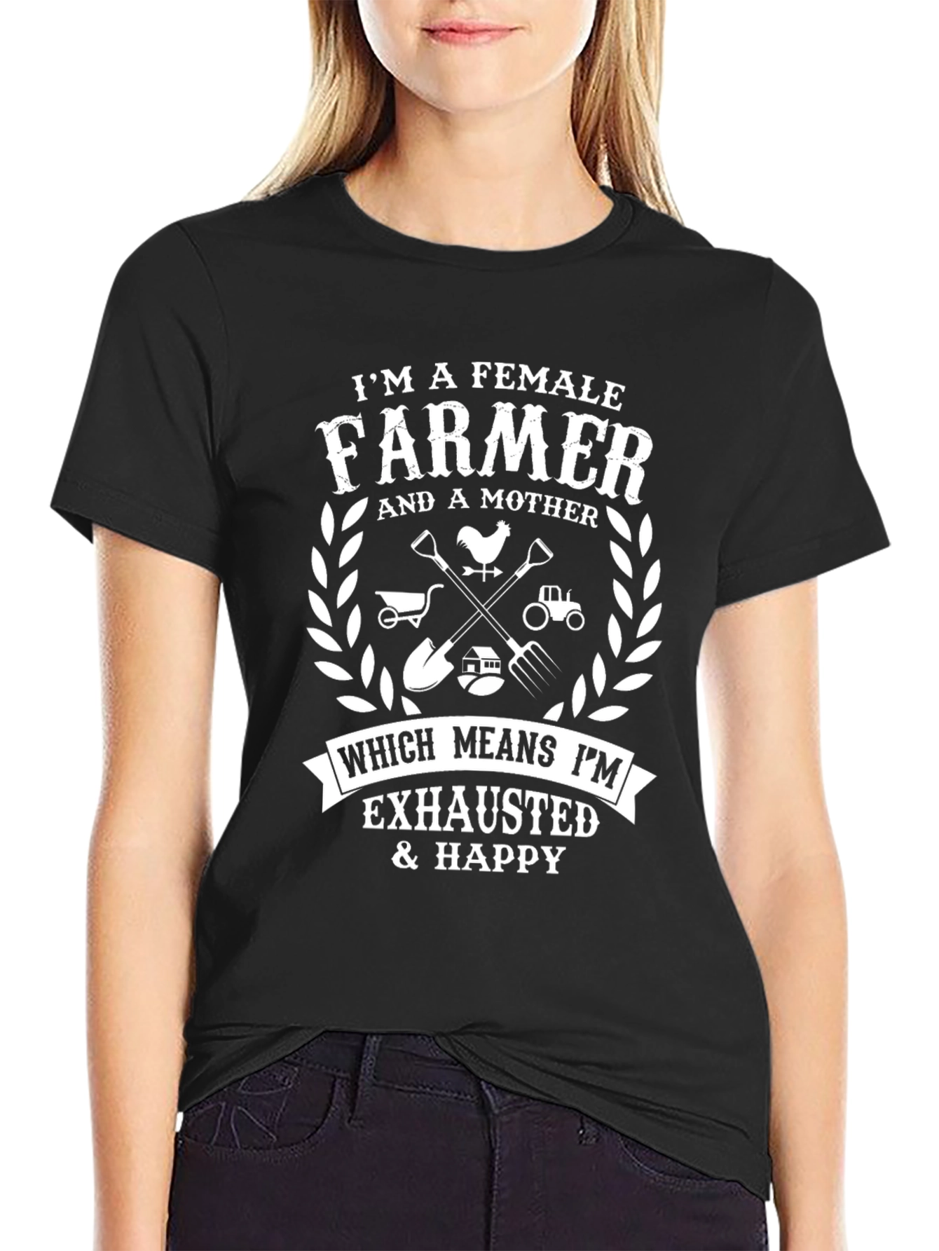 Black Female Farmer T-Shirt: Exhausted & Happy view 2