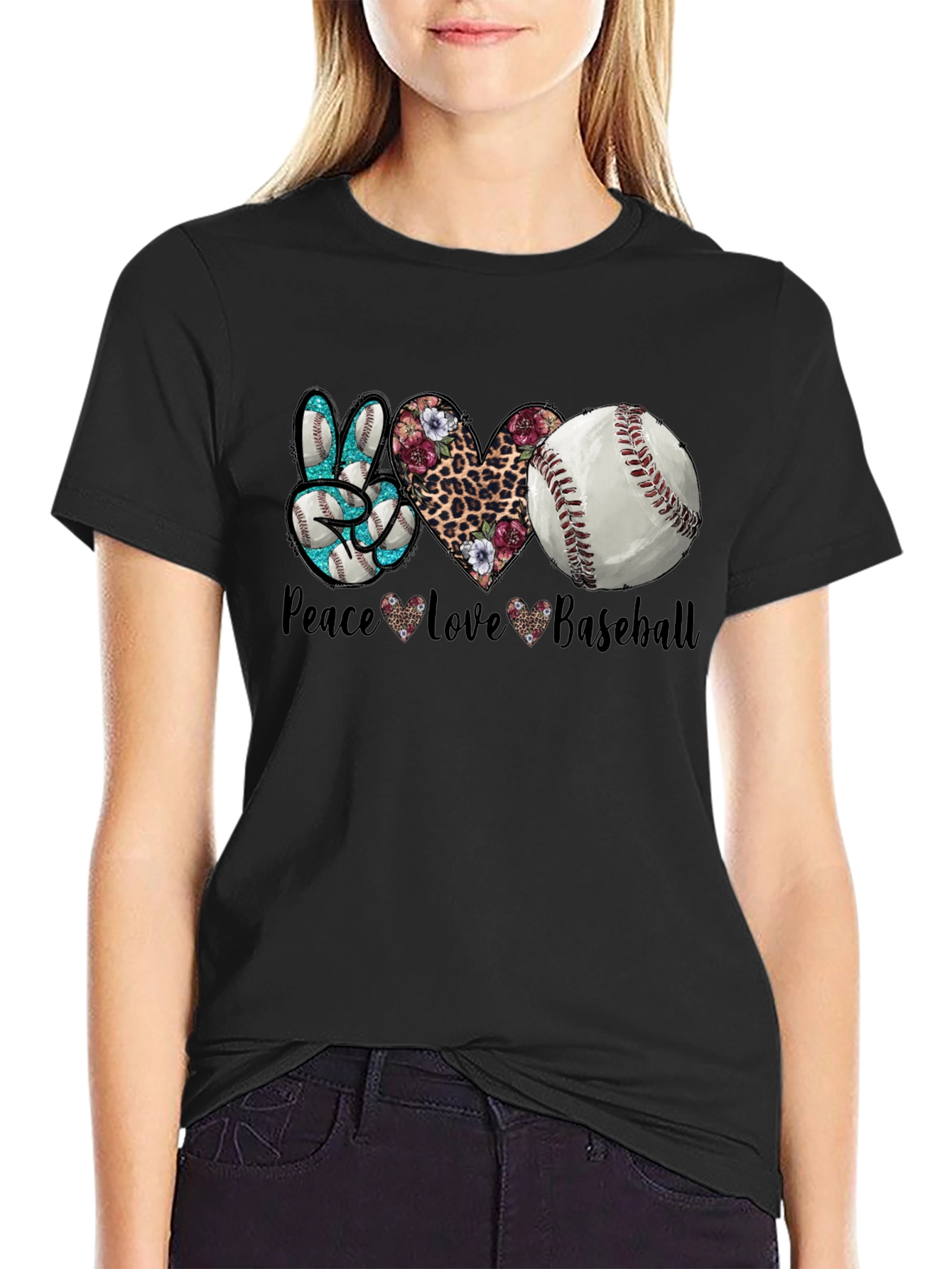 Black Peace Love Baseball Graphic T-Shirt view 2