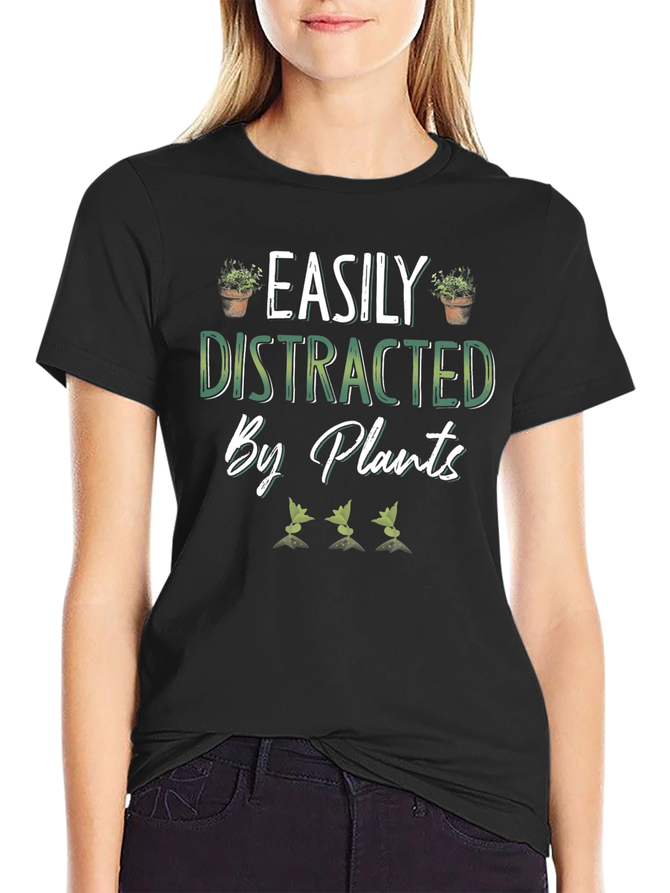 Black Easily Distracted by Plants Black T-Shirt view 2