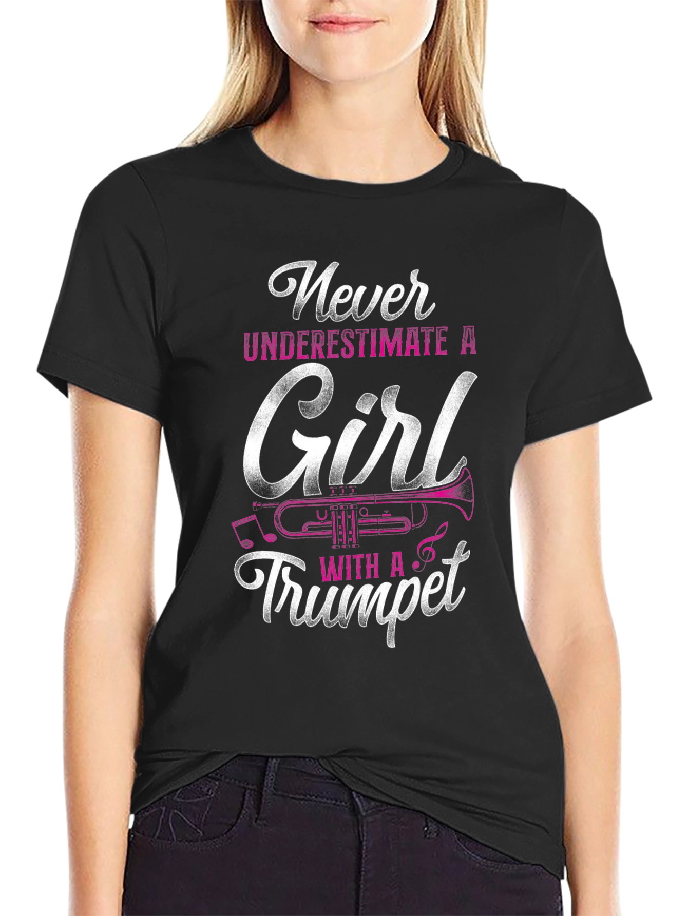 Black Never Underestimate a Girl with a Trumpet T-Shirt view 2