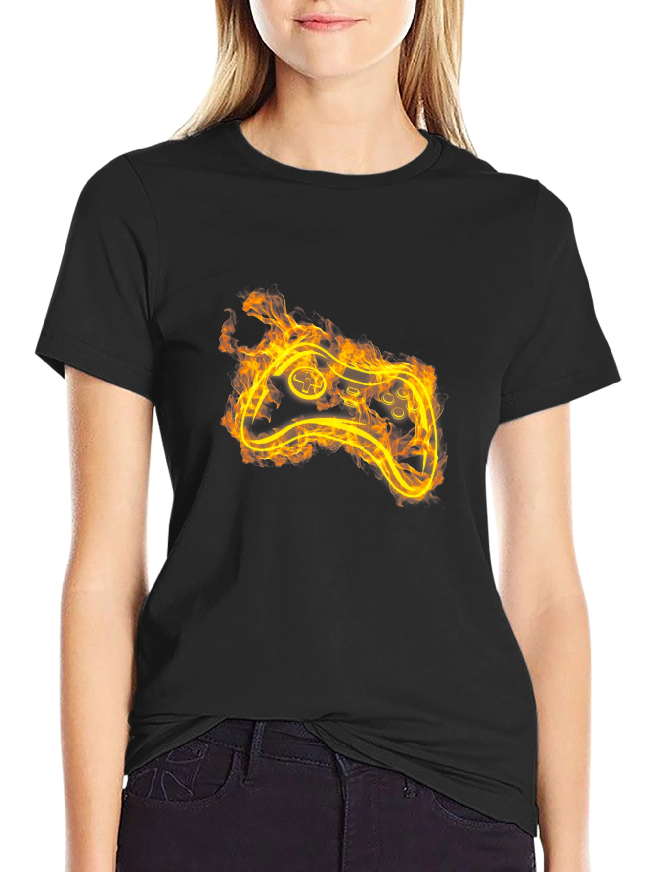 Black Fiery Game Controller Black T-Shirt view 2