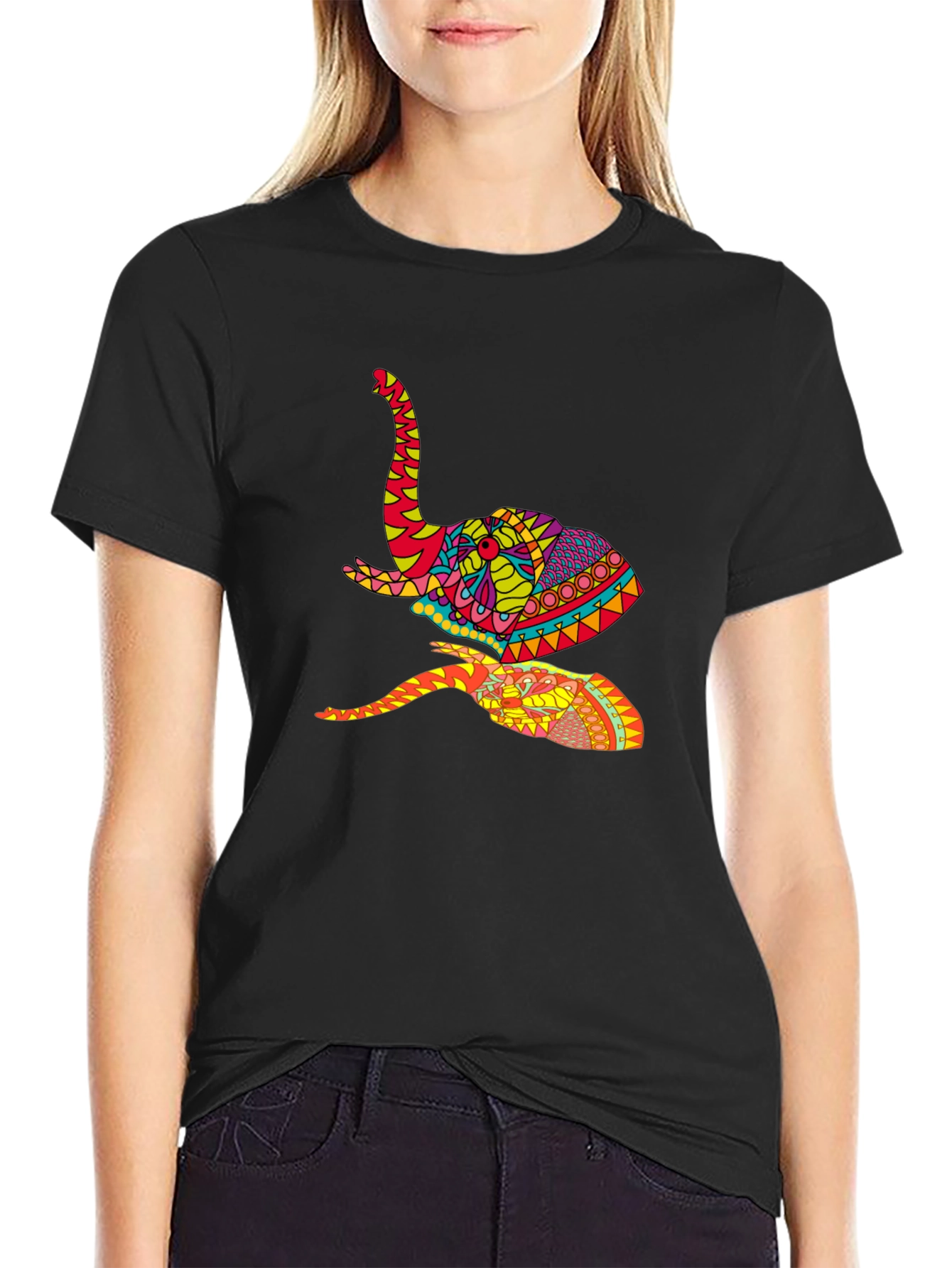 Black Vibrant Elephant Graphic Tee - Artistic Design, Black view 2