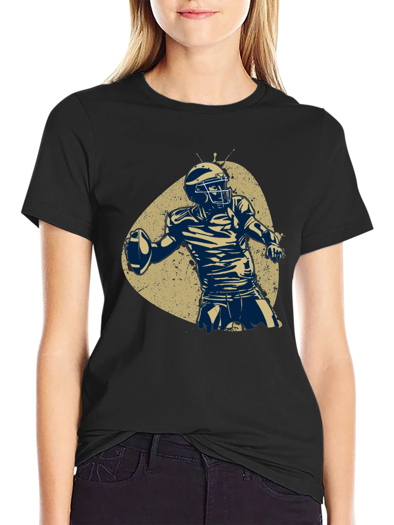 Black Football Player Graphic Tee - Black Cotton T-Shirt view 2