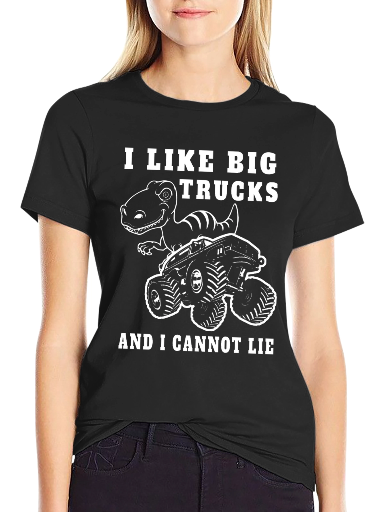 Black I Like Big Trucks Dinosaur Graphic T-Shirt view 2