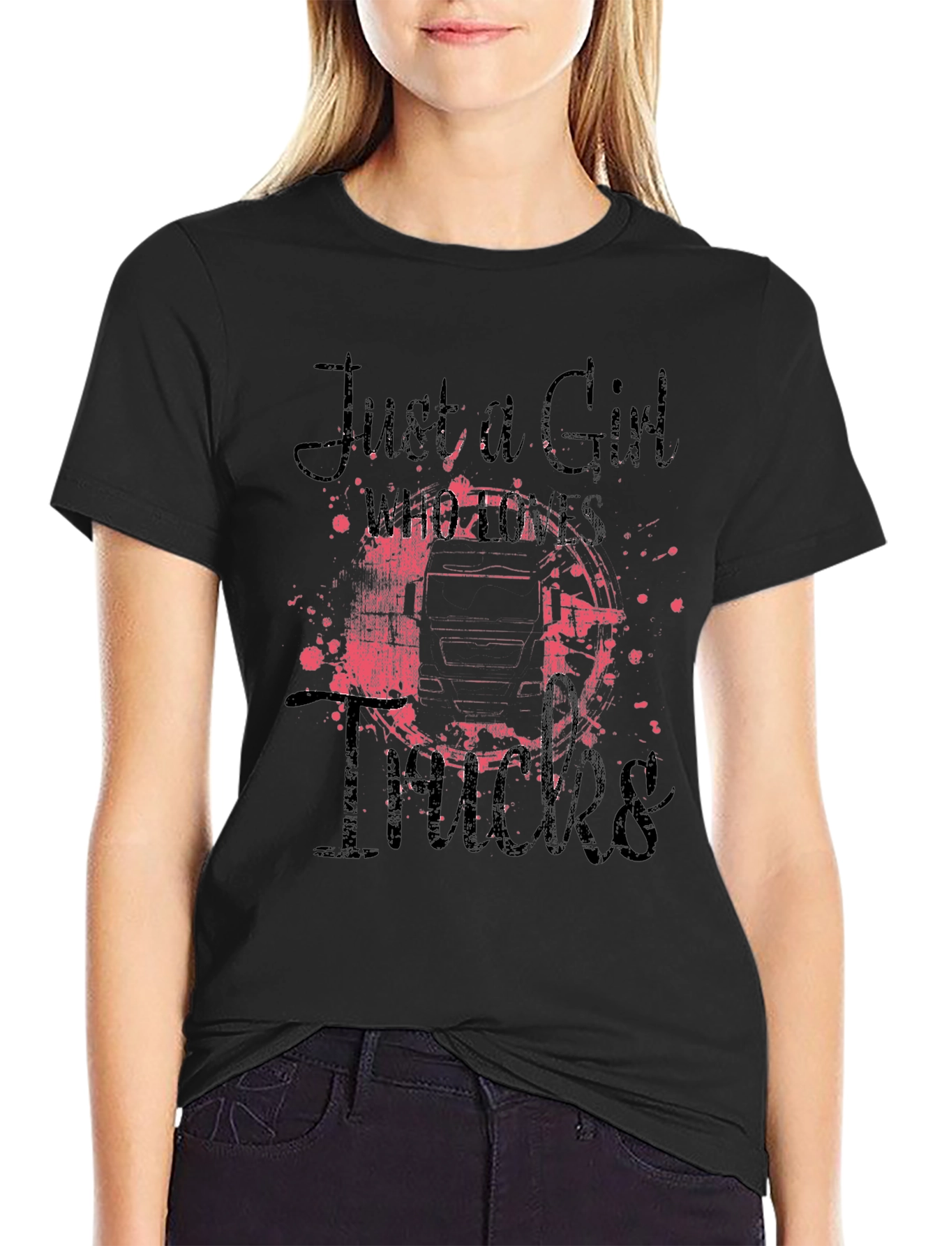 Black Just A Girl Who Loves Trucks Graphic Tee view 2