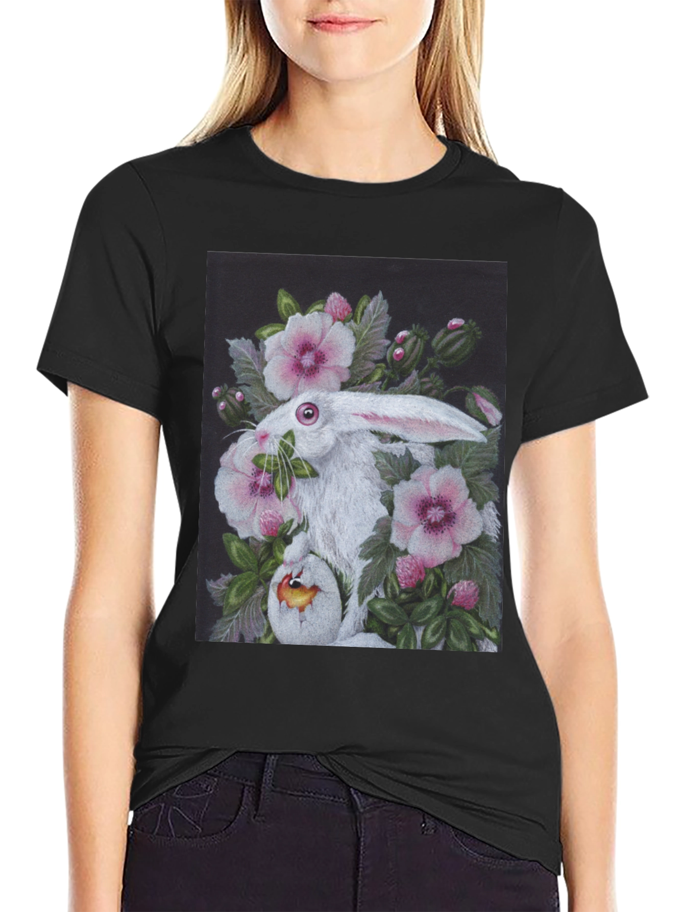 Black Floral Rabbit T-Shirt - Unique Easter Design view 2