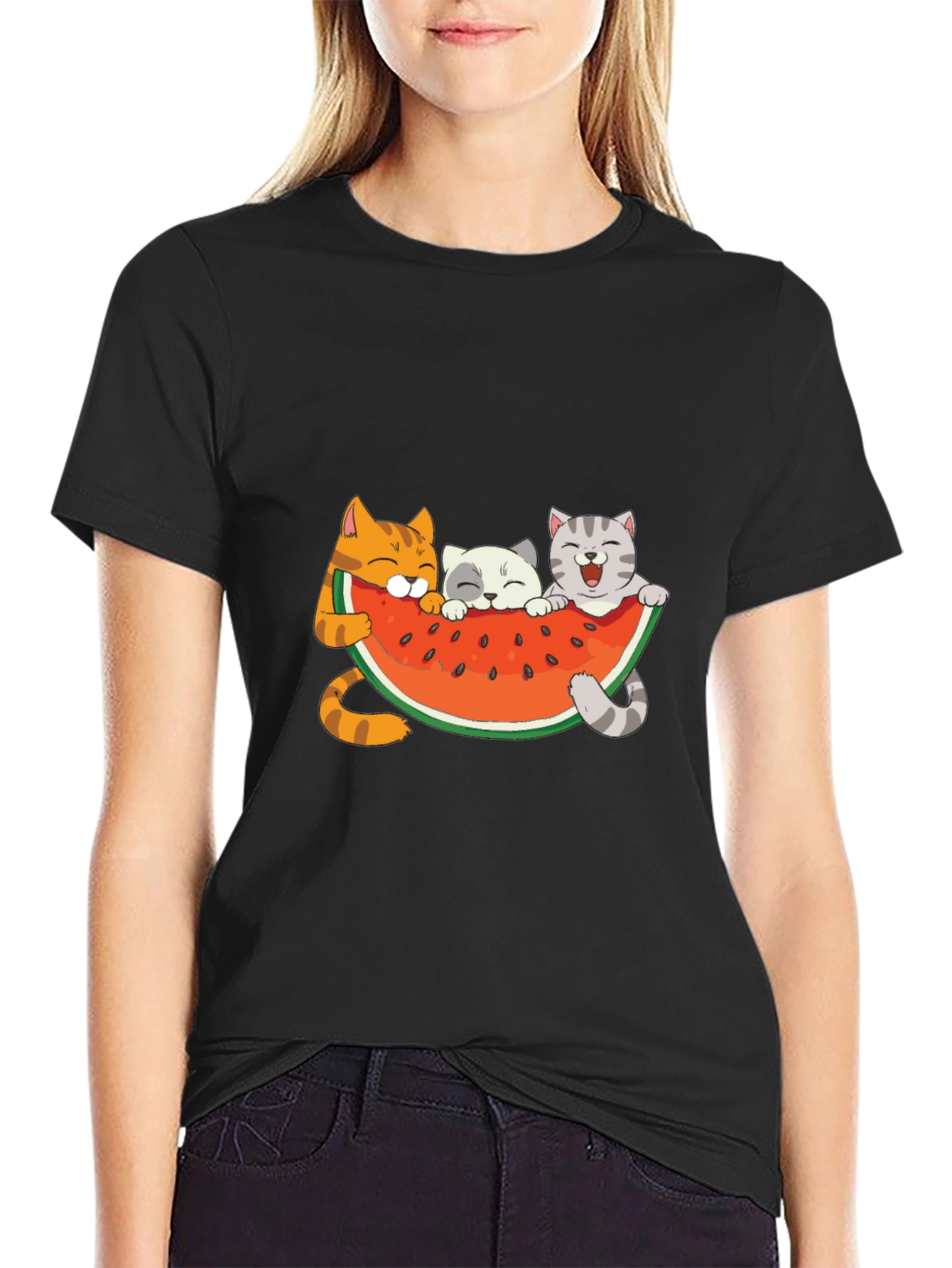 Black Cute Cats & Watermelon Graphic T-Shirt view 2