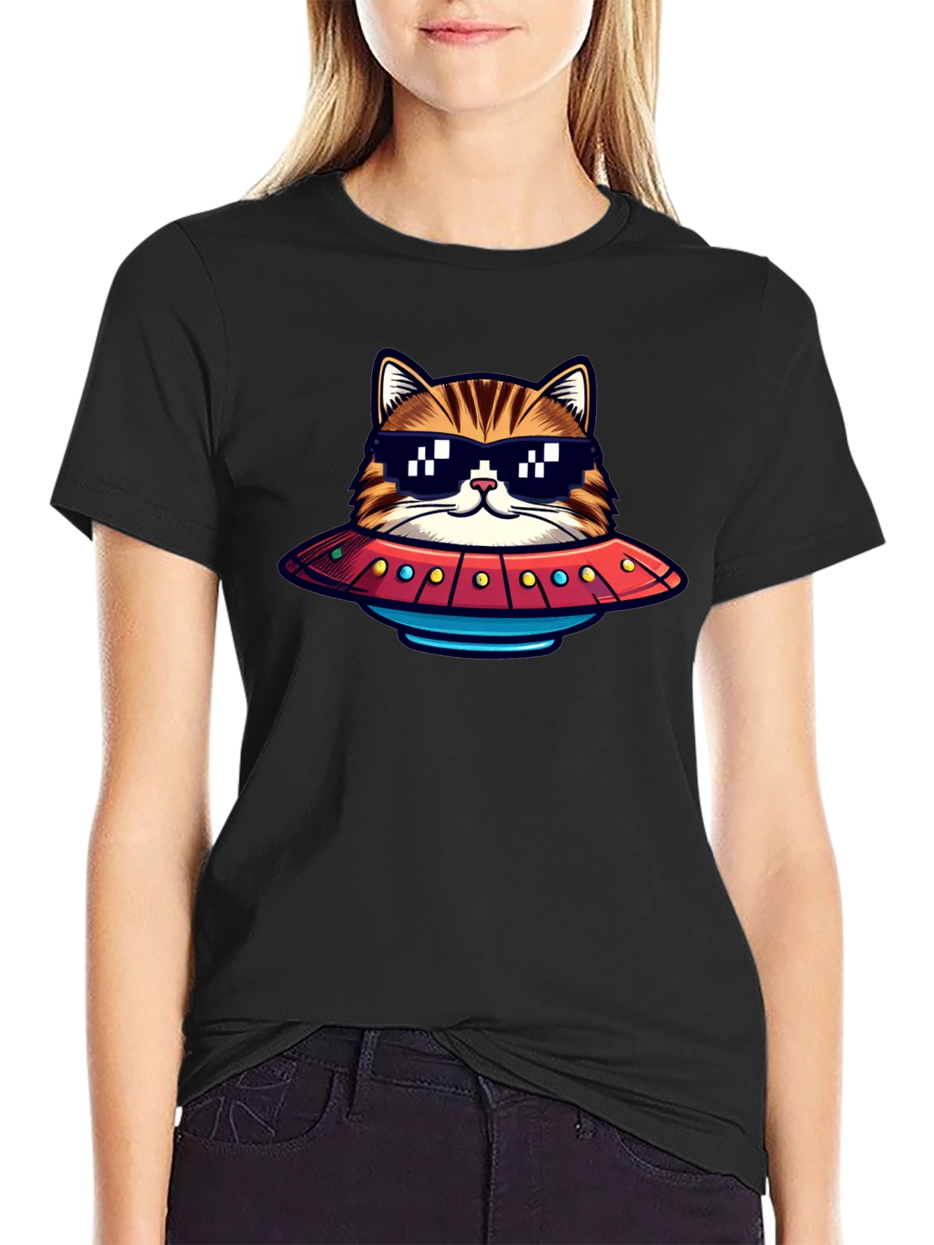 Black Cool Cat UFO Graphic T-Shirt view 2