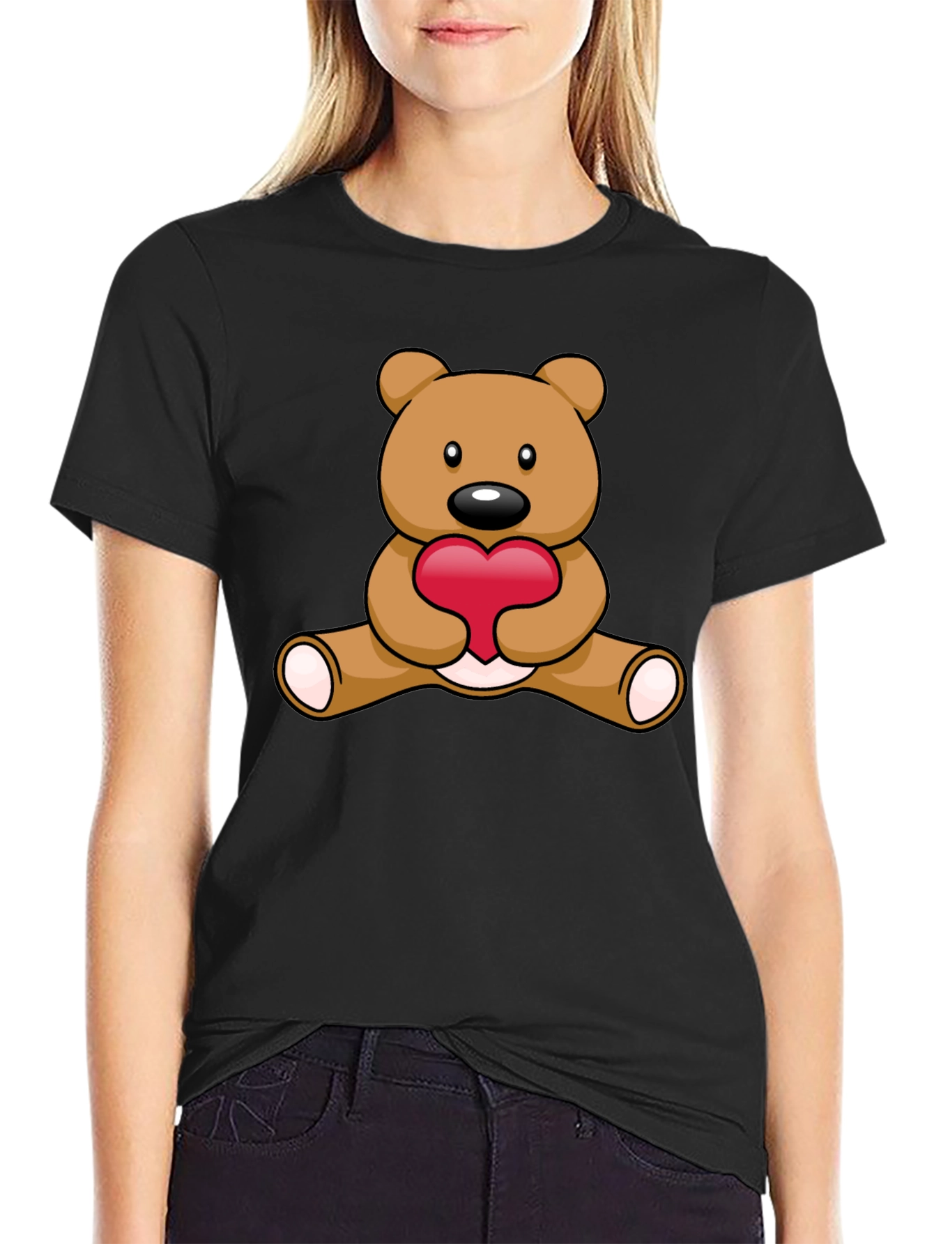 Black Cute Teddy Bear Heart Graphic T-Shirt view 2