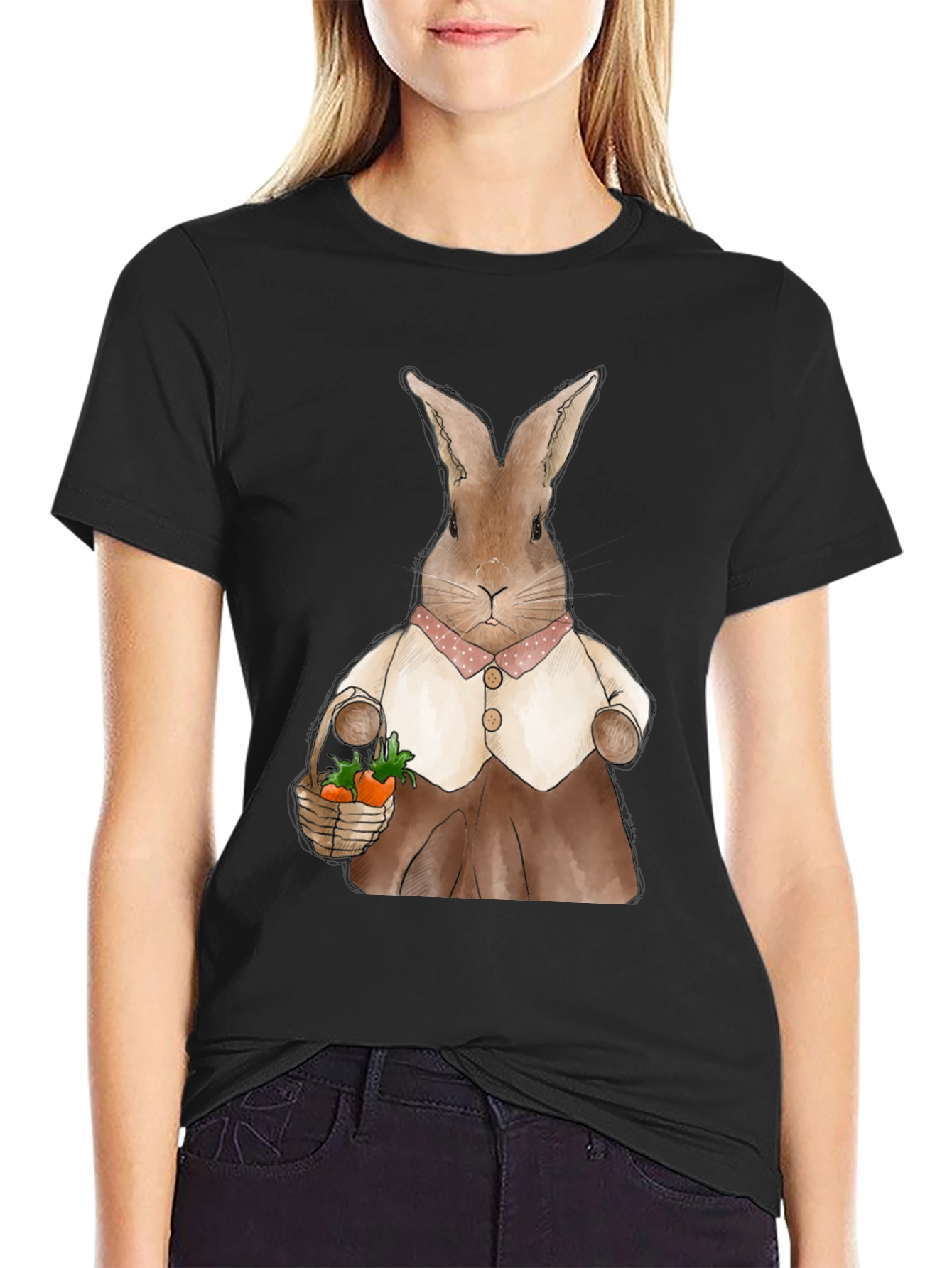 Black Cute Bunny Carrot Basket Graphic T-Shirt view 2