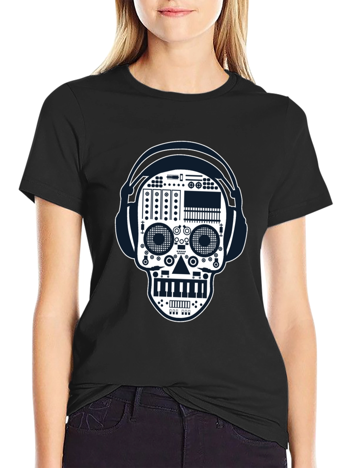 Black DJ Skull Graphic Tee - Music Lover Style view 2