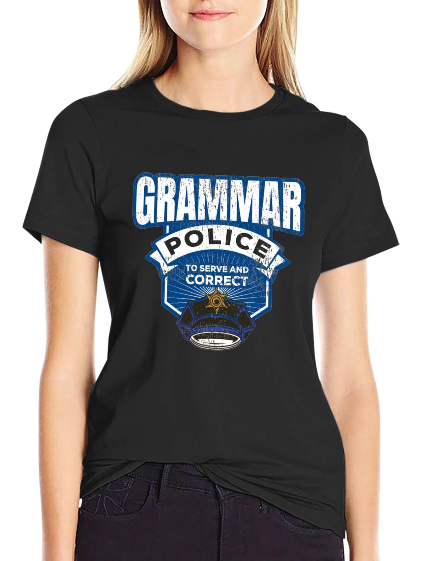 Black Grammar Police T-Shirt: To Serve and Correct view 2