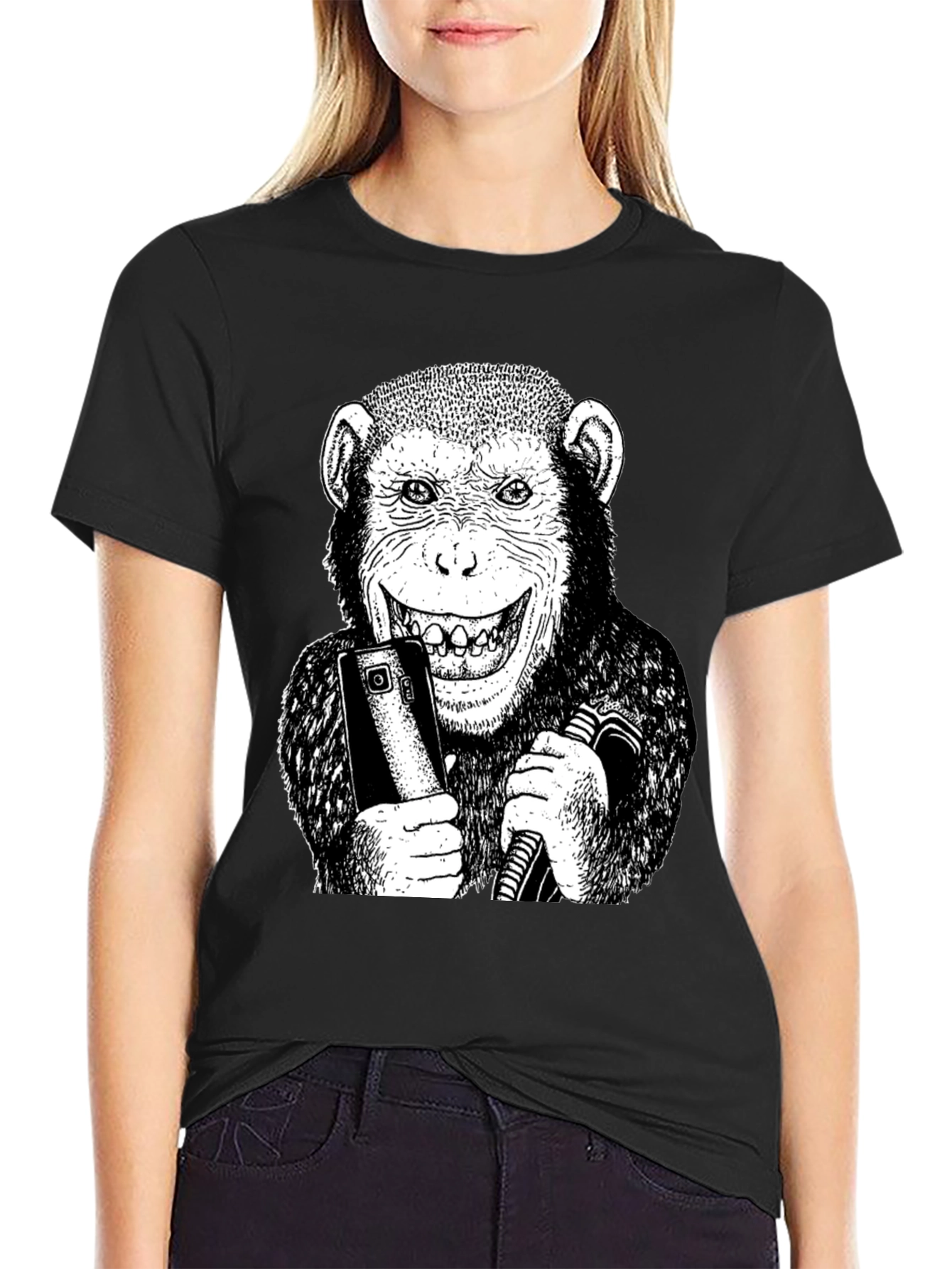 Black Monkey Selfie Graphic Tee - Black Cotton Blend T-Shirt view 2