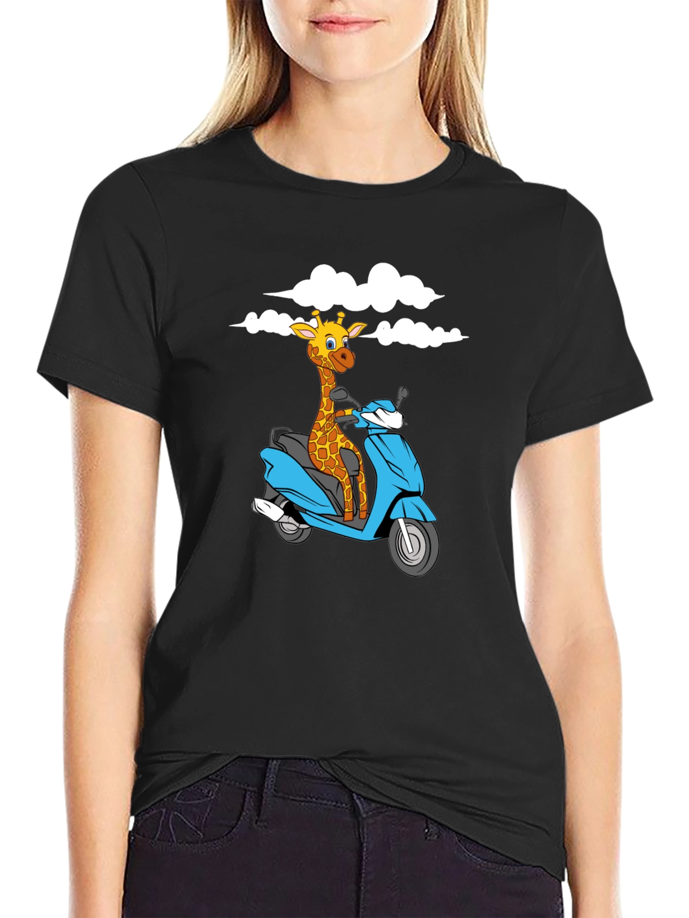 Black Giraffe on Scooter Graphic T-Shirt - Black view 2