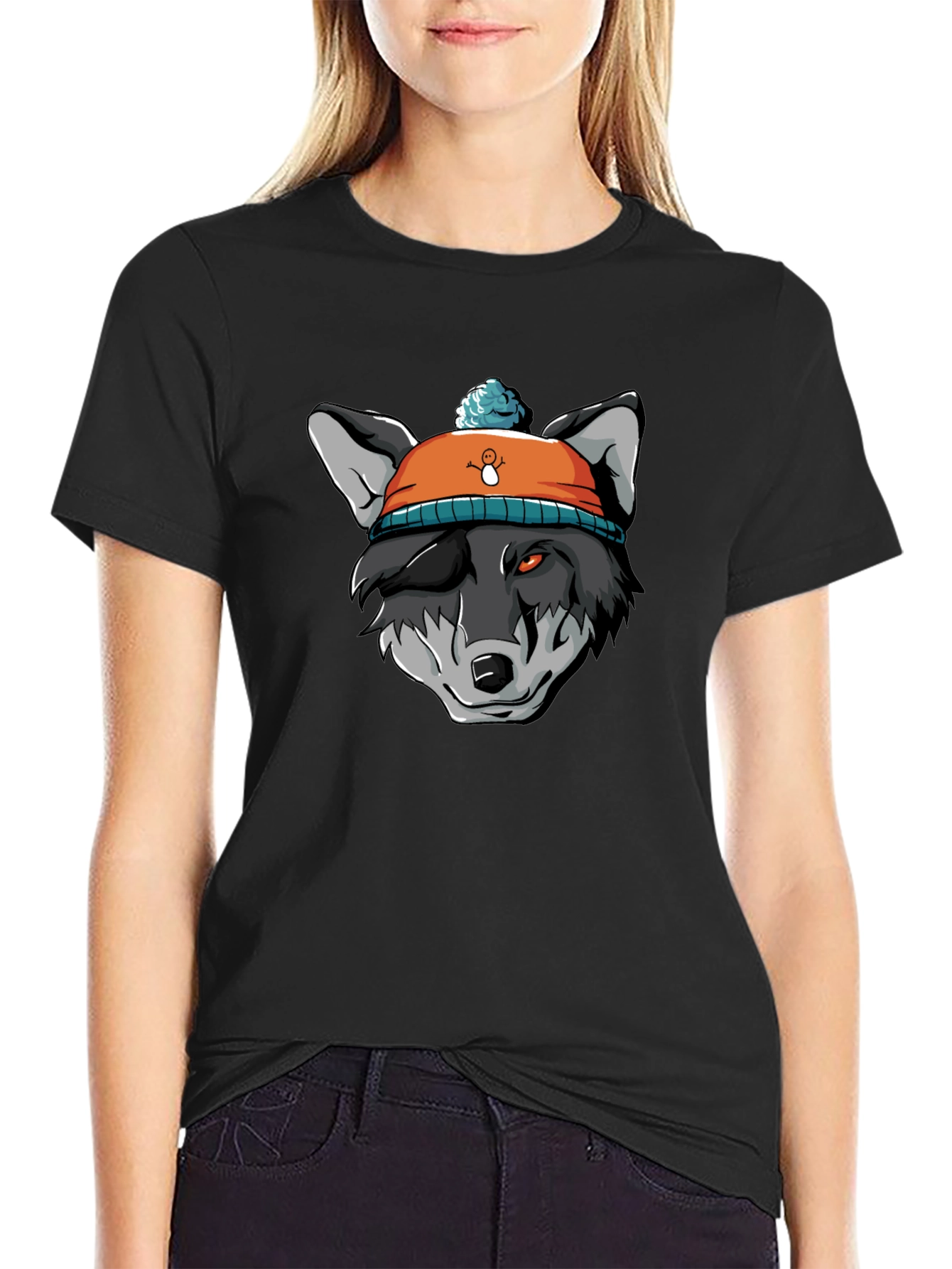 Black Wolf in Beanie Black T-Shirt - Unique Graphic Tee view 2