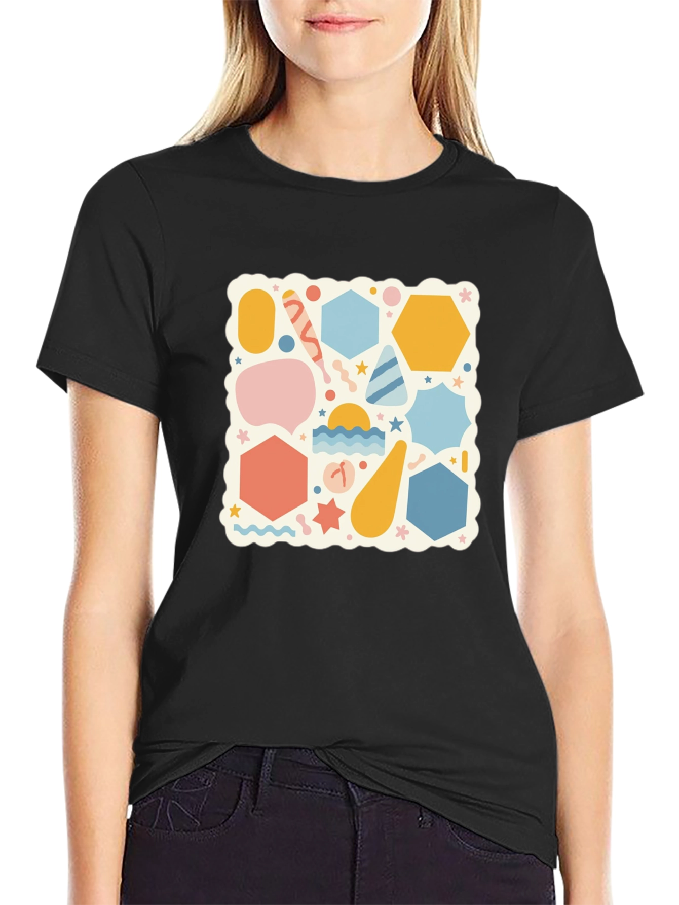 Black Funky Geometric Pattern Black T-Shirt view 2