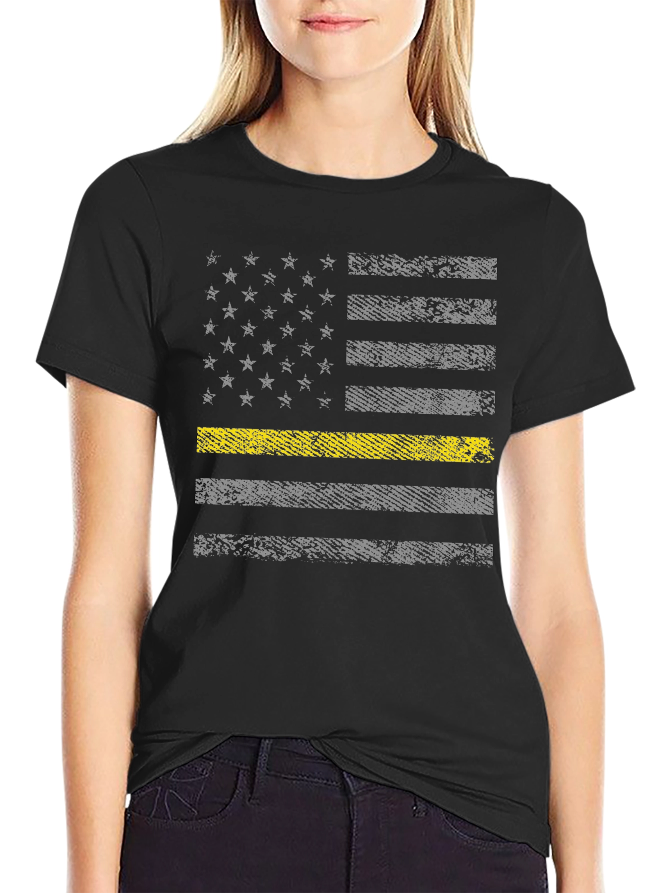 Black Thin Yellow Line Flag T-Shirt view 2