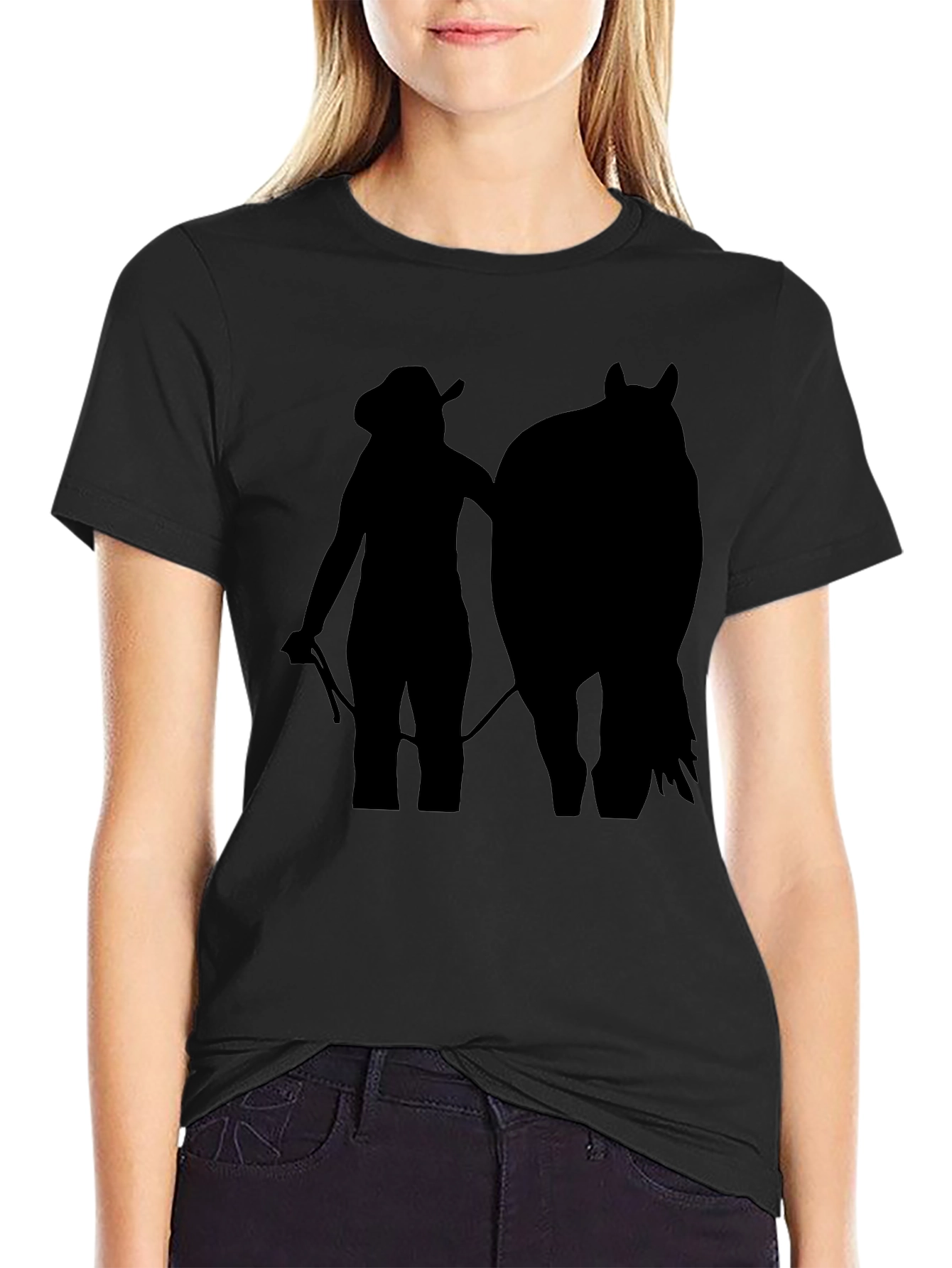 Black Cowgirl & Horse Silhouette Tee - Black Unisex T-Shirt view 2