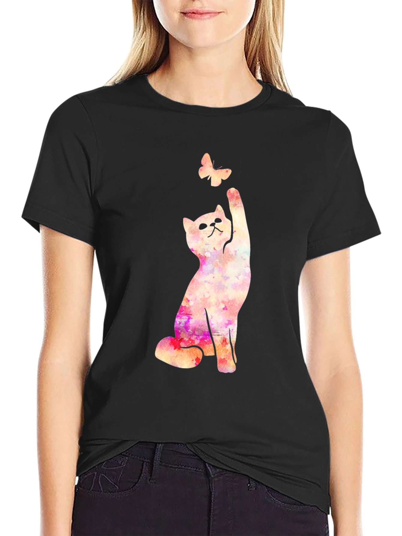 Black Cat Reaching for Butterfly Graphic Black T-Shirt view 2