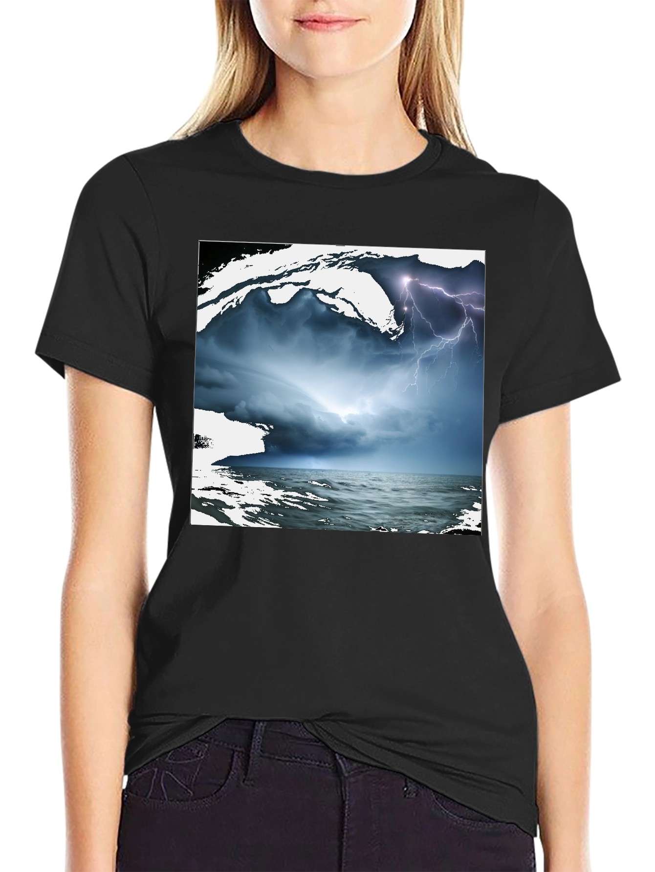 Black Stormy Sea Graphic Tee - Black Cotton T-Shirt view 2