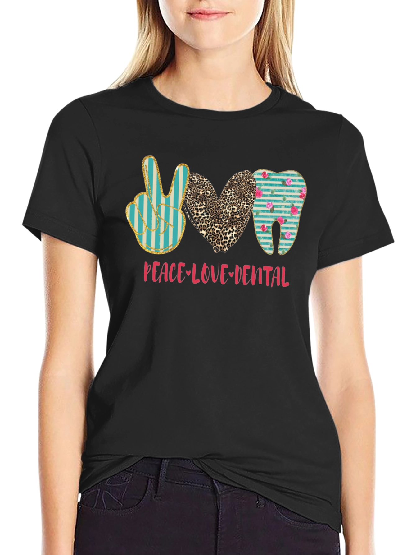 Black Peace Love Dental T-Shirt Black Cotton Casual Graphic Tee view 2