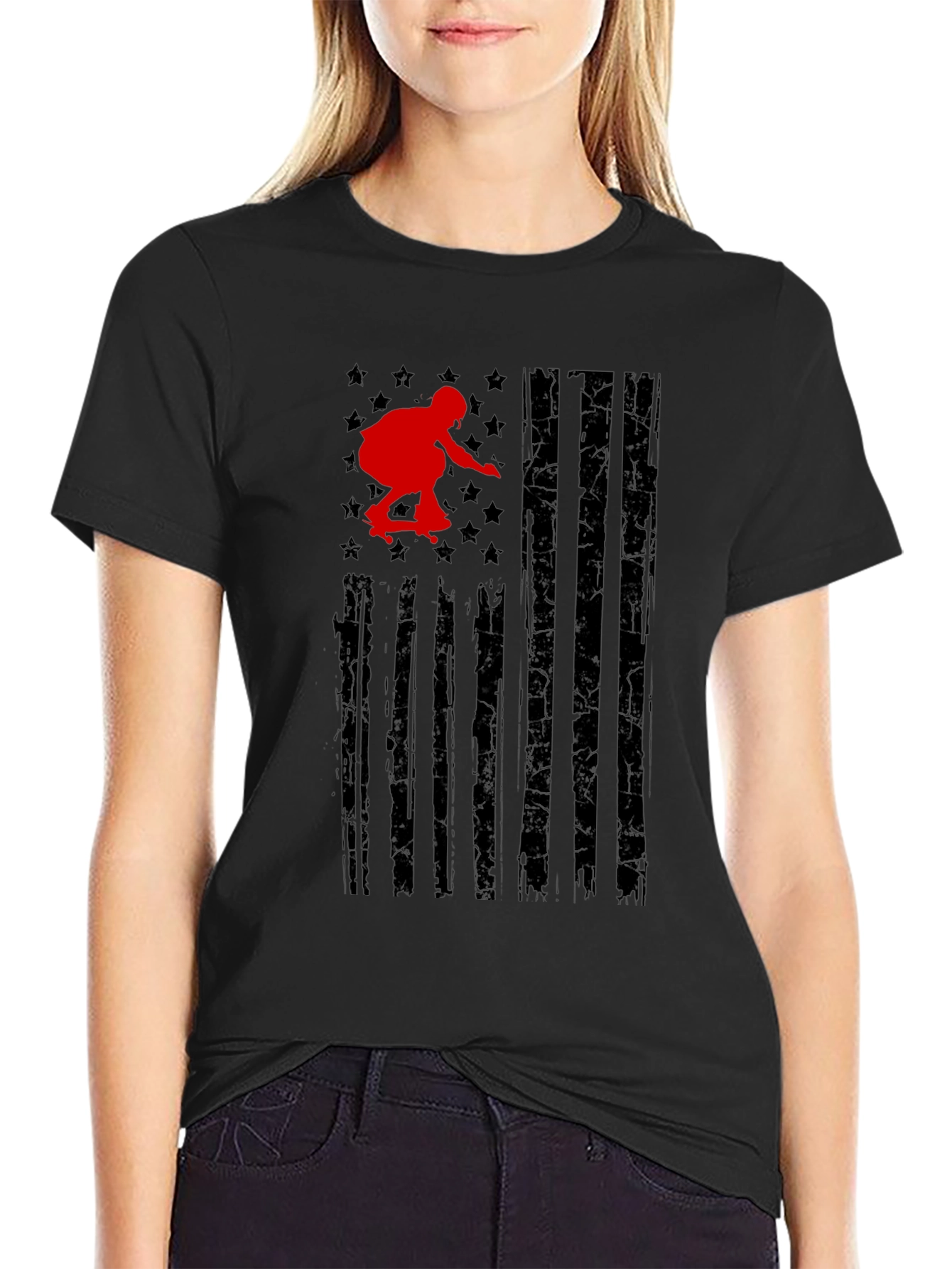 Black Skateboarder American Flag Graphic Tee view 2