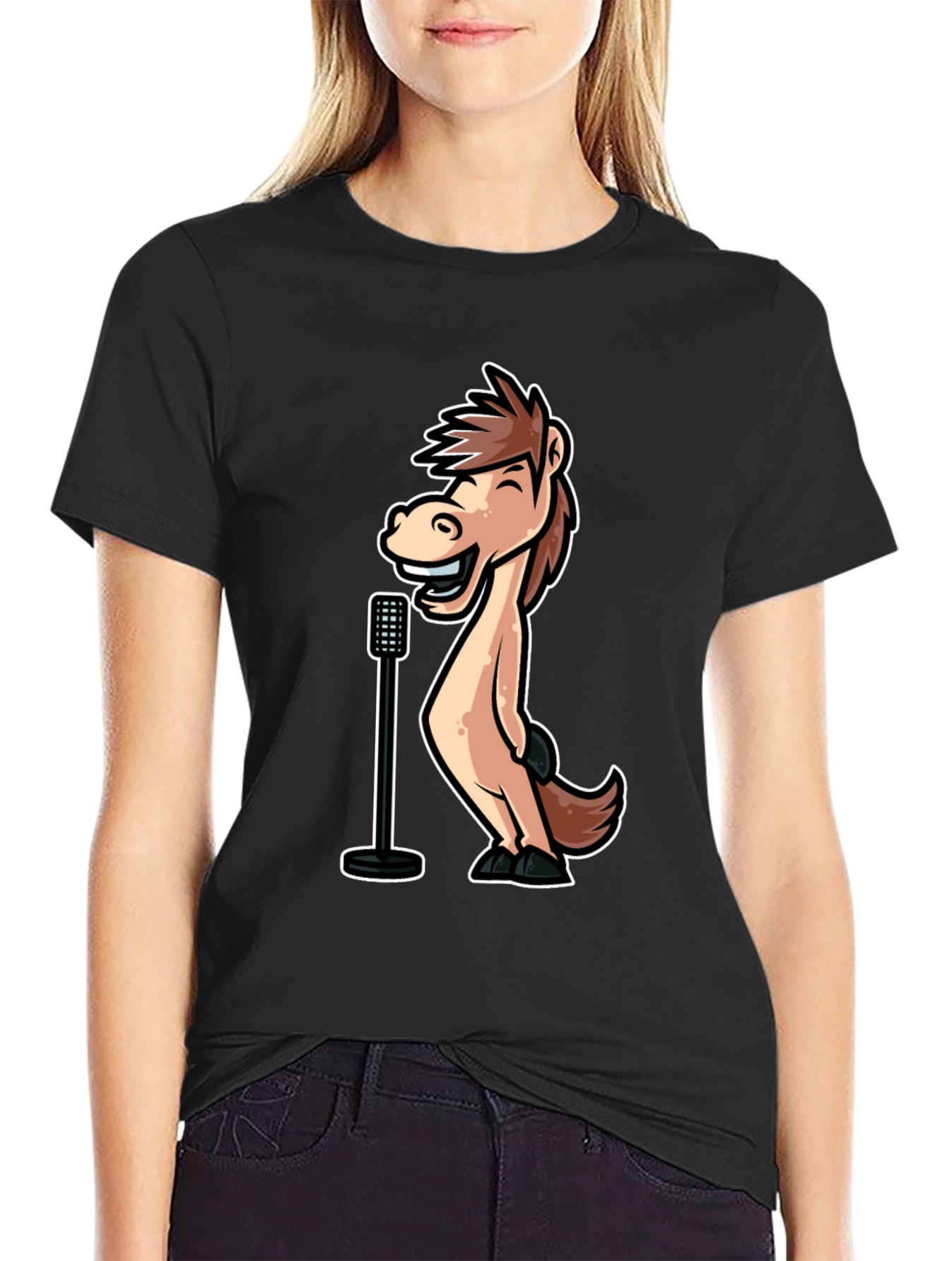 Black Funny Horse Singer Graphic Tee - Black Cotton T-Shirt view 2