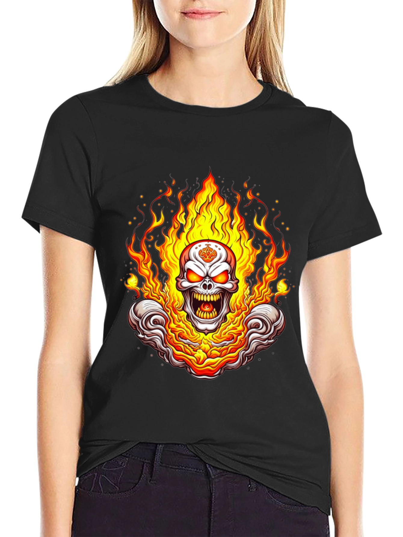 Black Flaming Skull Graphic Tee - Bold Black Cotton Shirt view 2