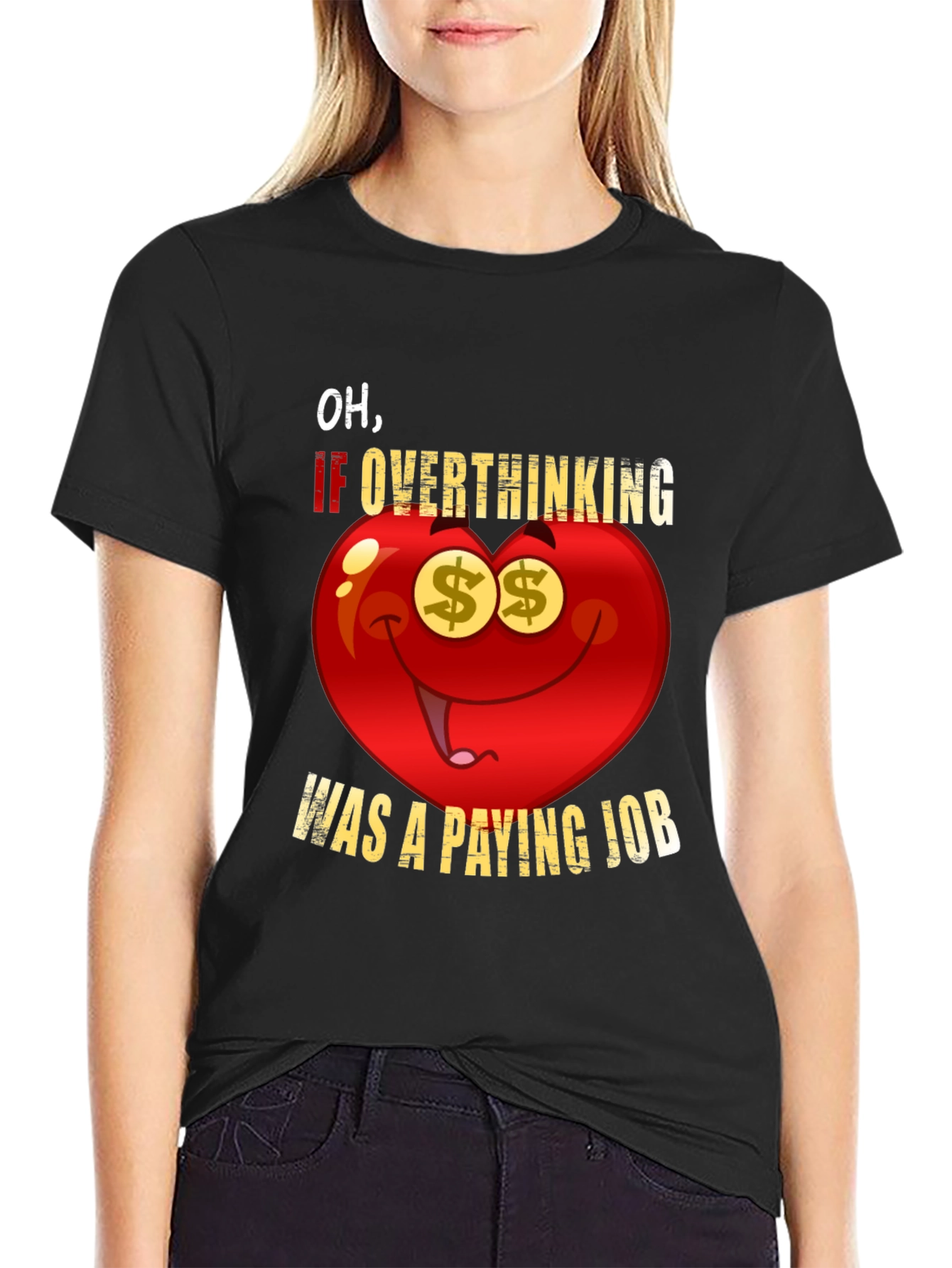 Black Overthinking Paying Job Funny Graphic Tee view 2
