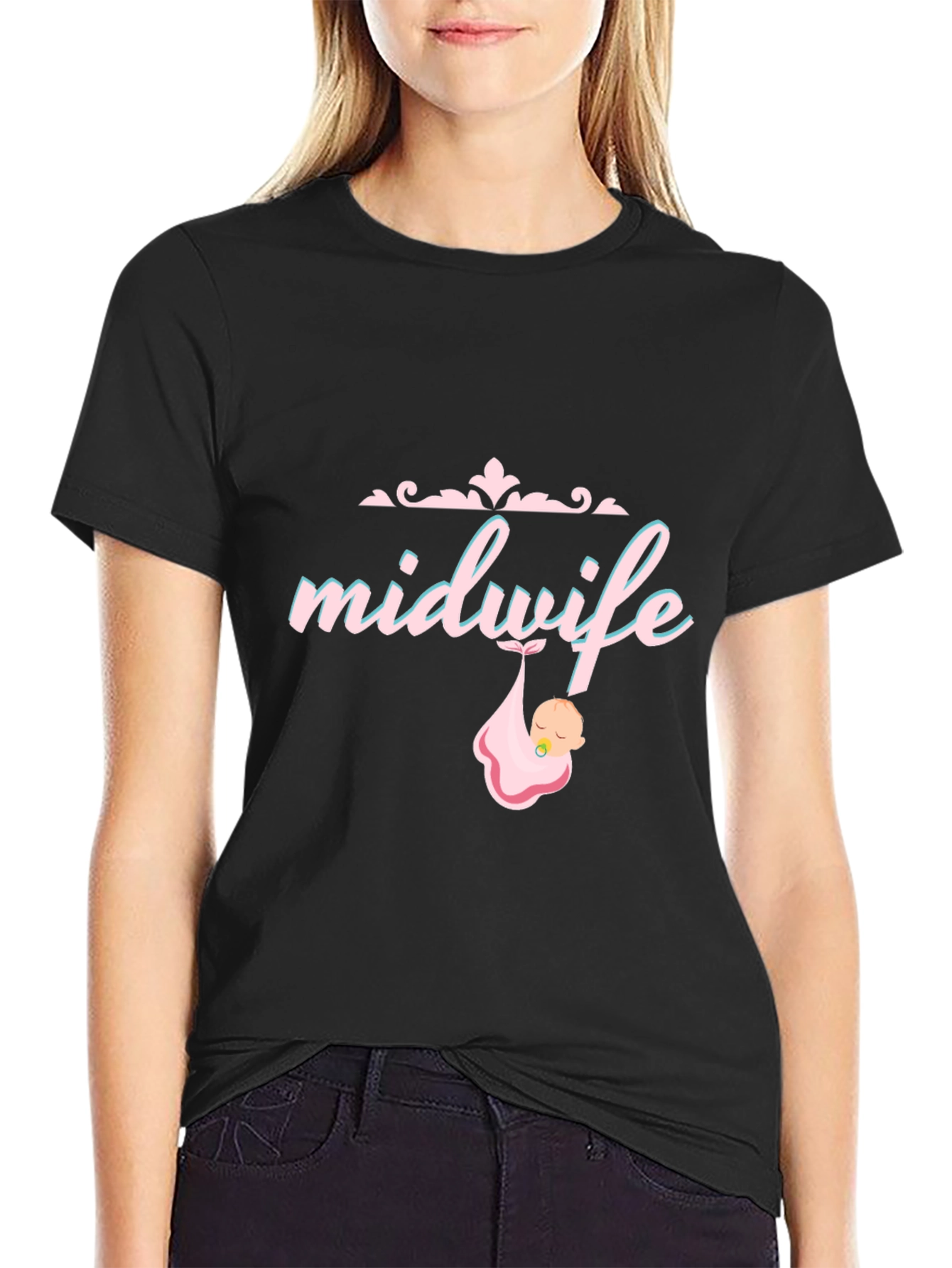 Black Midwife T-Shirt - Cute Baby Graphic Tee view 2