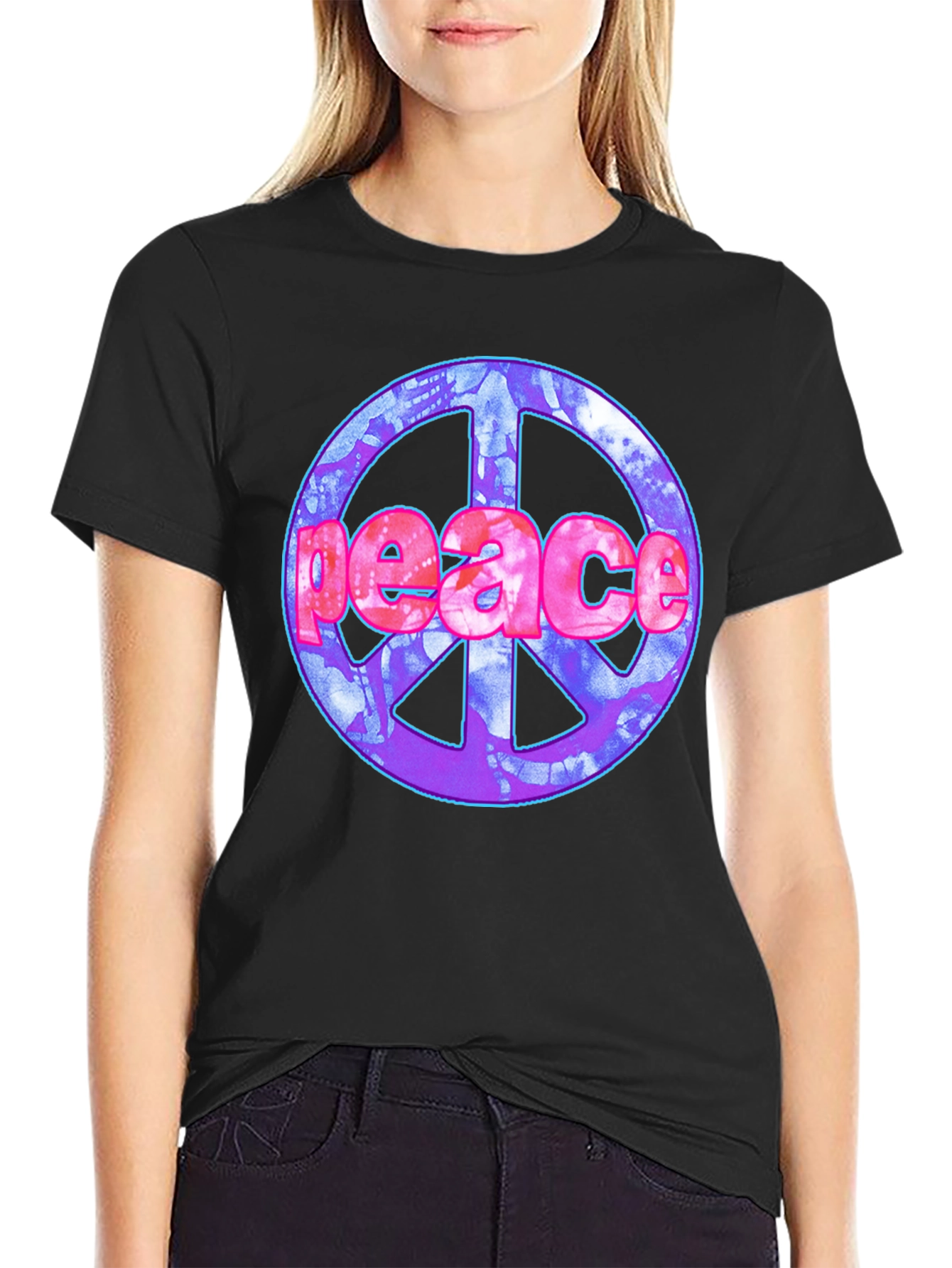 Black Peace Sign Graphic T-Shirt - Black Cotton Blend view 2