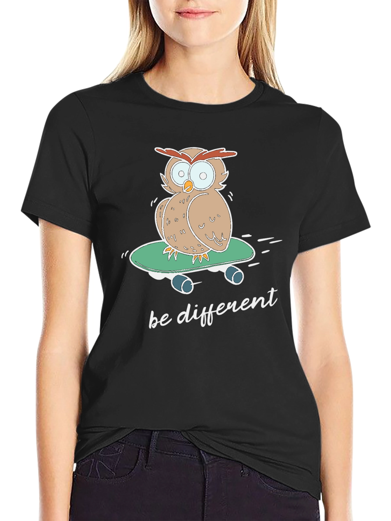 Black Owl Skateboard T-Shirt - "Be Different" Tee view 2