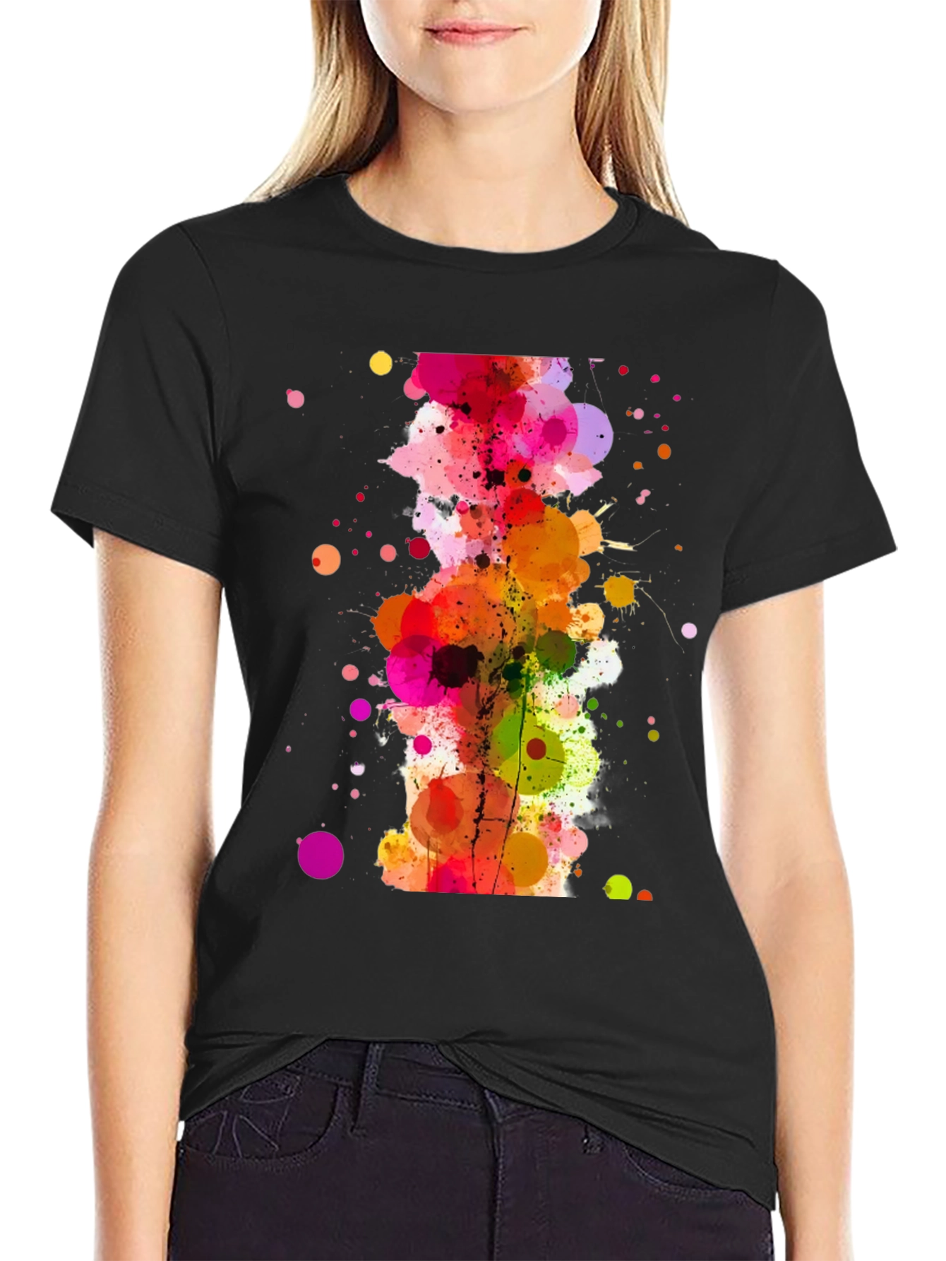 Black Abstract Watercolor Splatter Print Black T-Shirt view 2