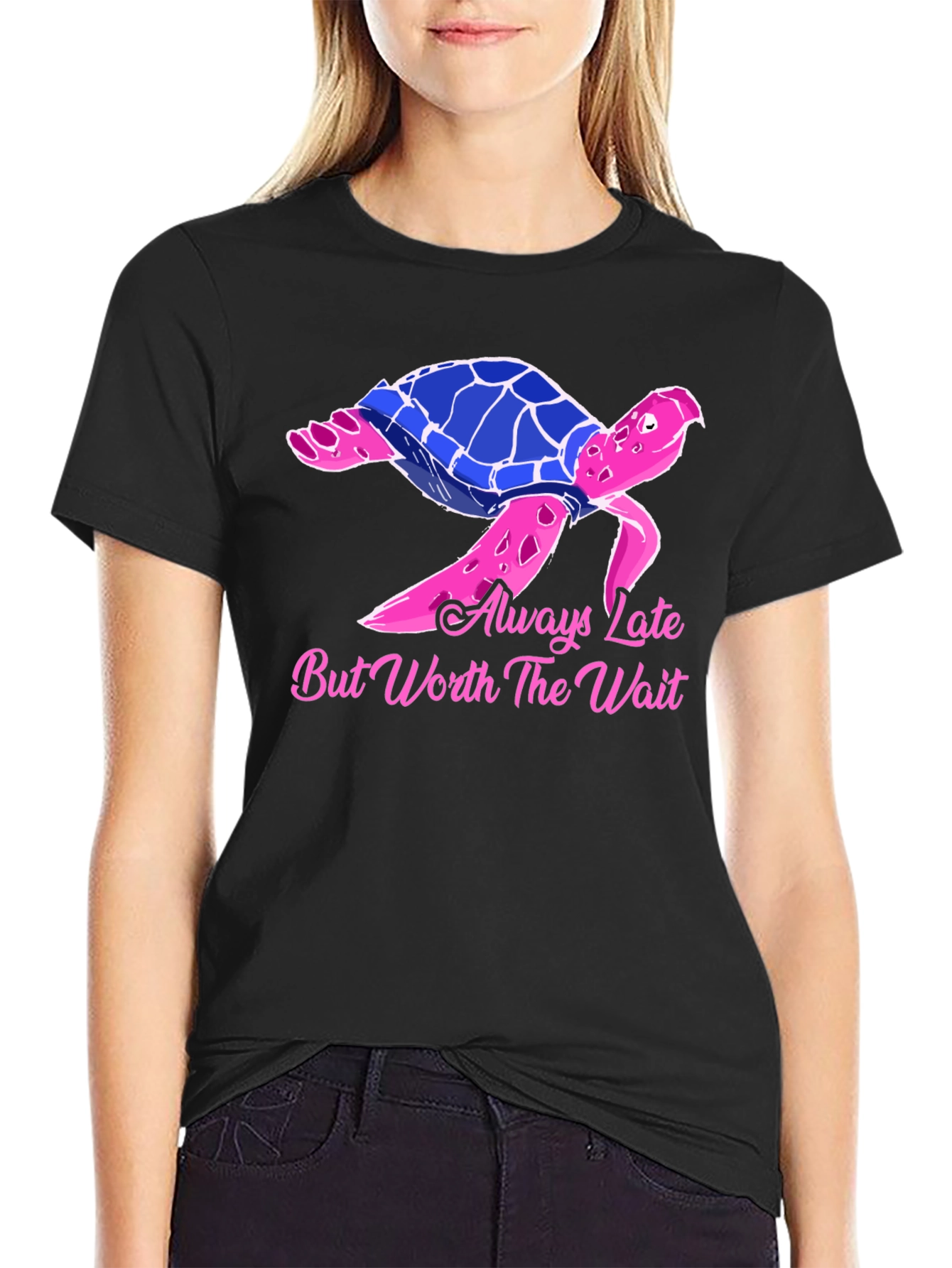 Black Always Late Turtle Graphic Tee - Unisex Black T-Shirt view 2