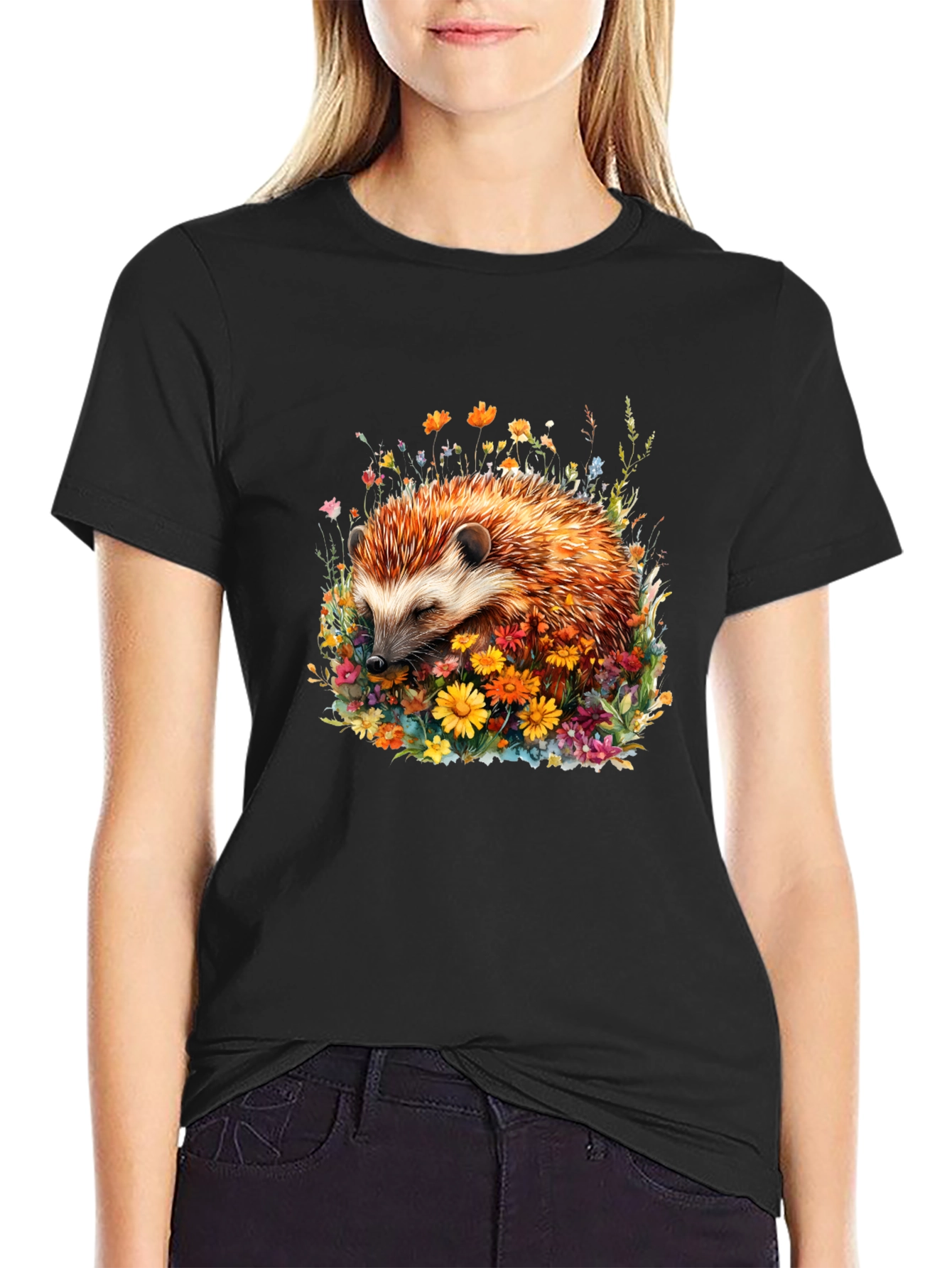 Black Hedgehog in Flowers Graphic Tee view 2