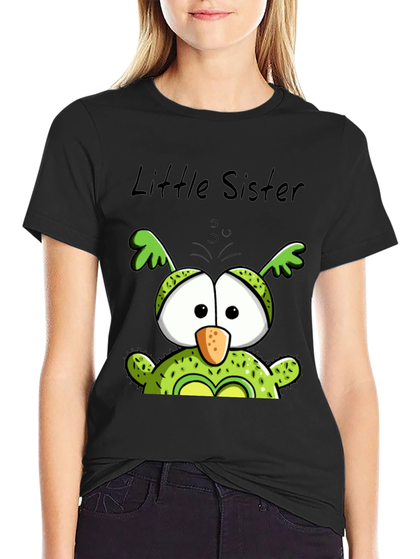Black Little Sister Owl T-Shirt - Cute Family Tee view 2