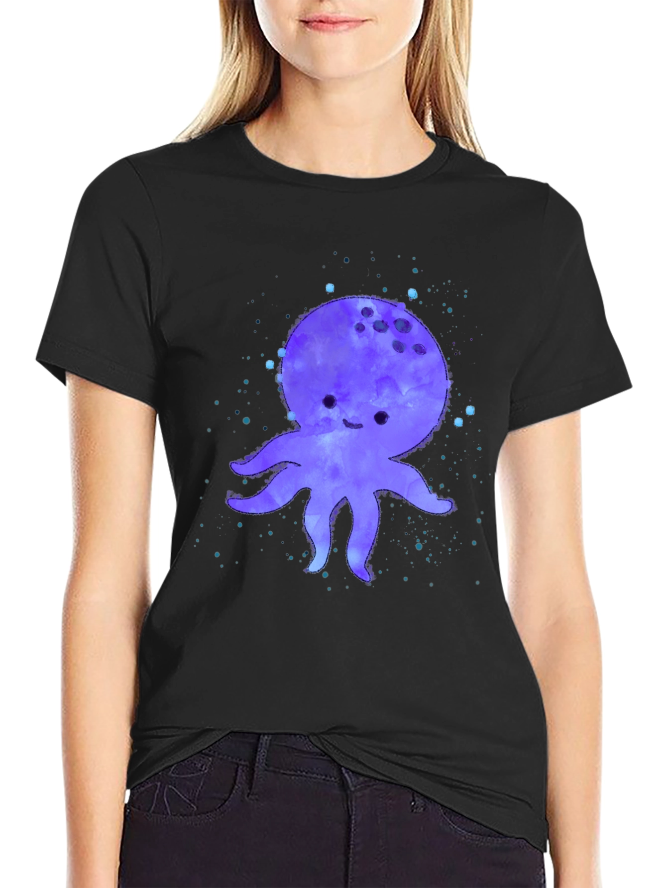 Black Cute Octopus Graphic Print Black T-Shirt view 2
