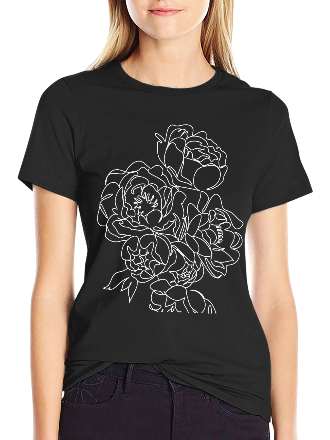 Black Floral Line Art Black T-Shirt view 2