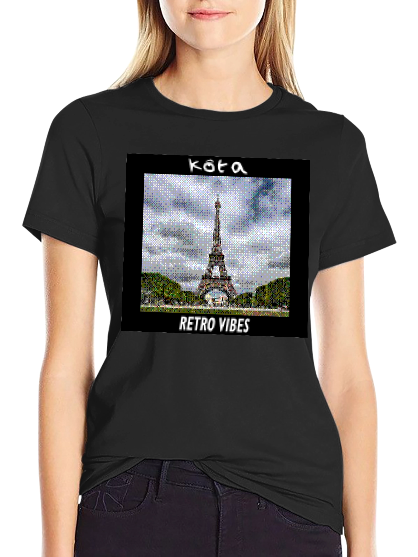 Black Retro Vibes Paris Eiffel Tower Graphic T-Shirt view 2