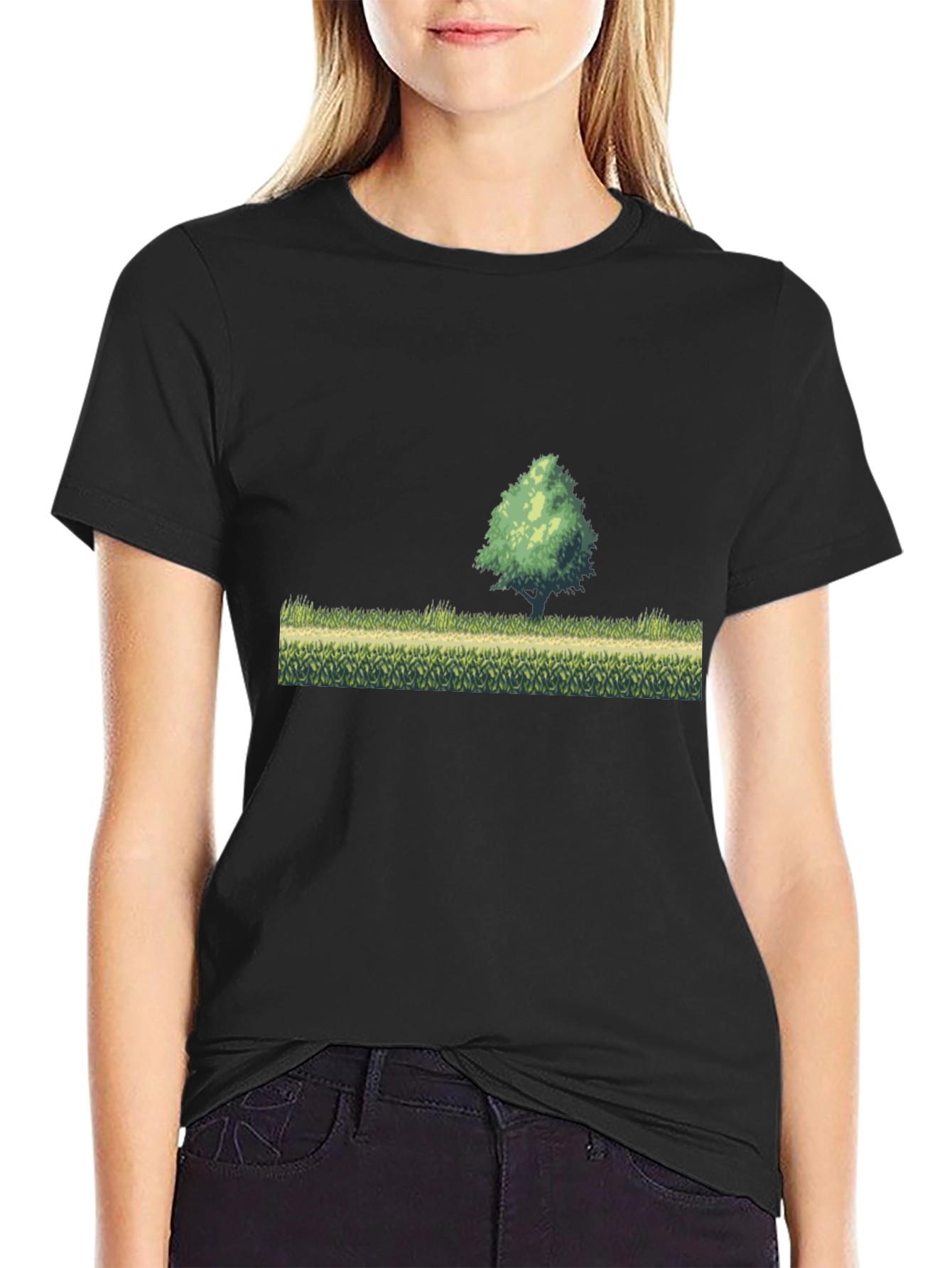Black Retro Pixel Art T-Shirt - Nature Scene view 2