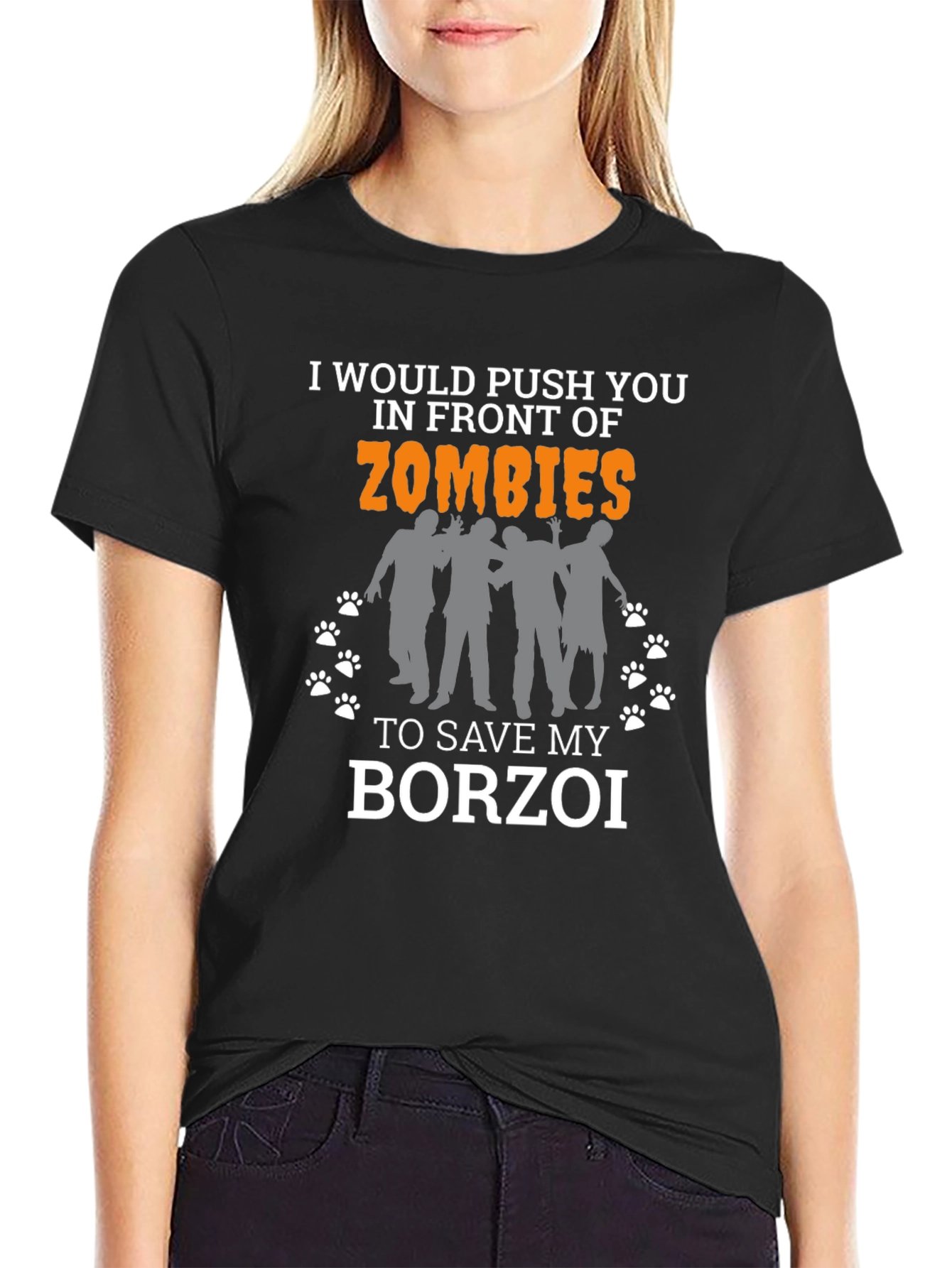 Black I'd Push You to Zombies Borzoi T-Shirt view 2