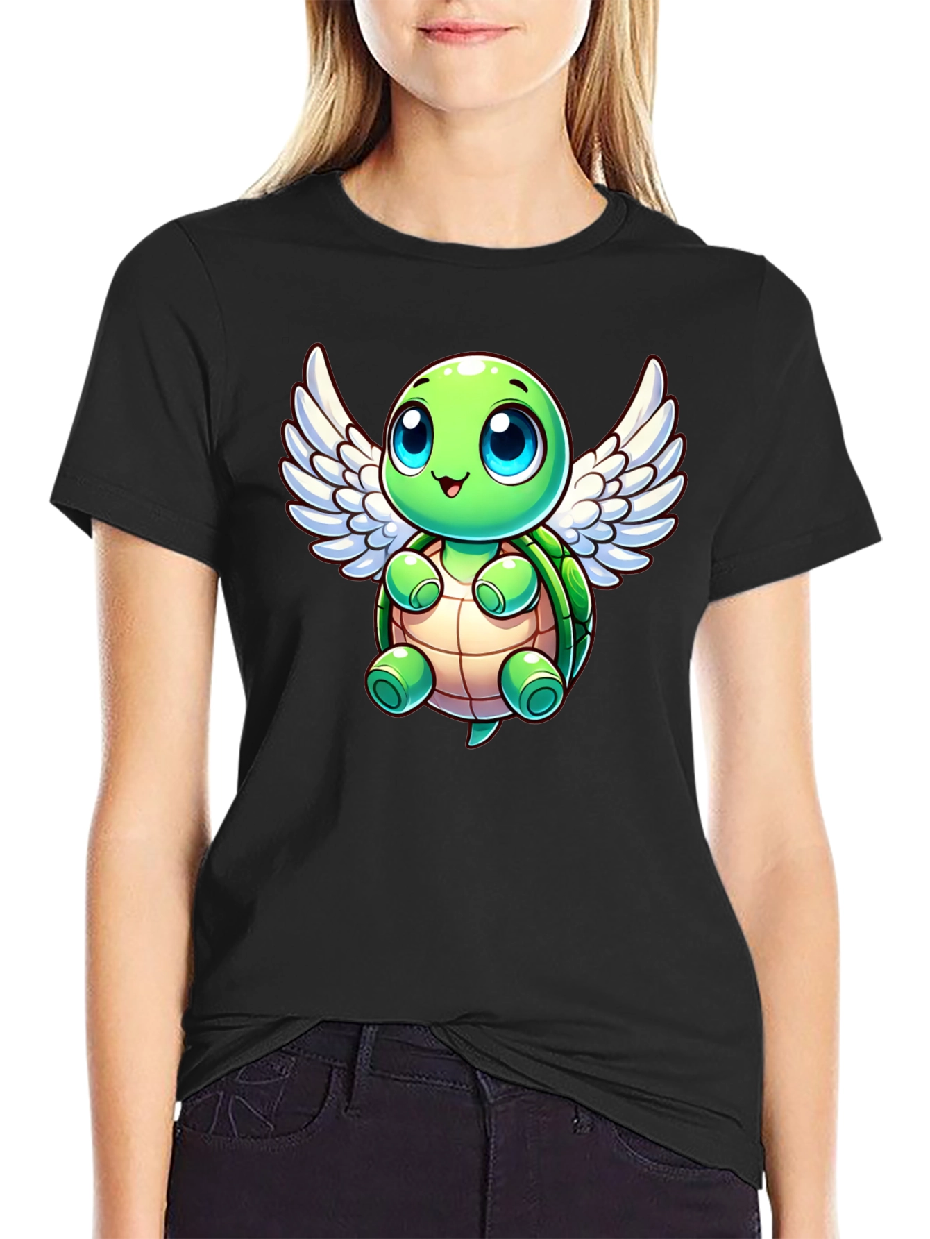 Black Cute Turtle Angel Graphic T-Shirt view 2