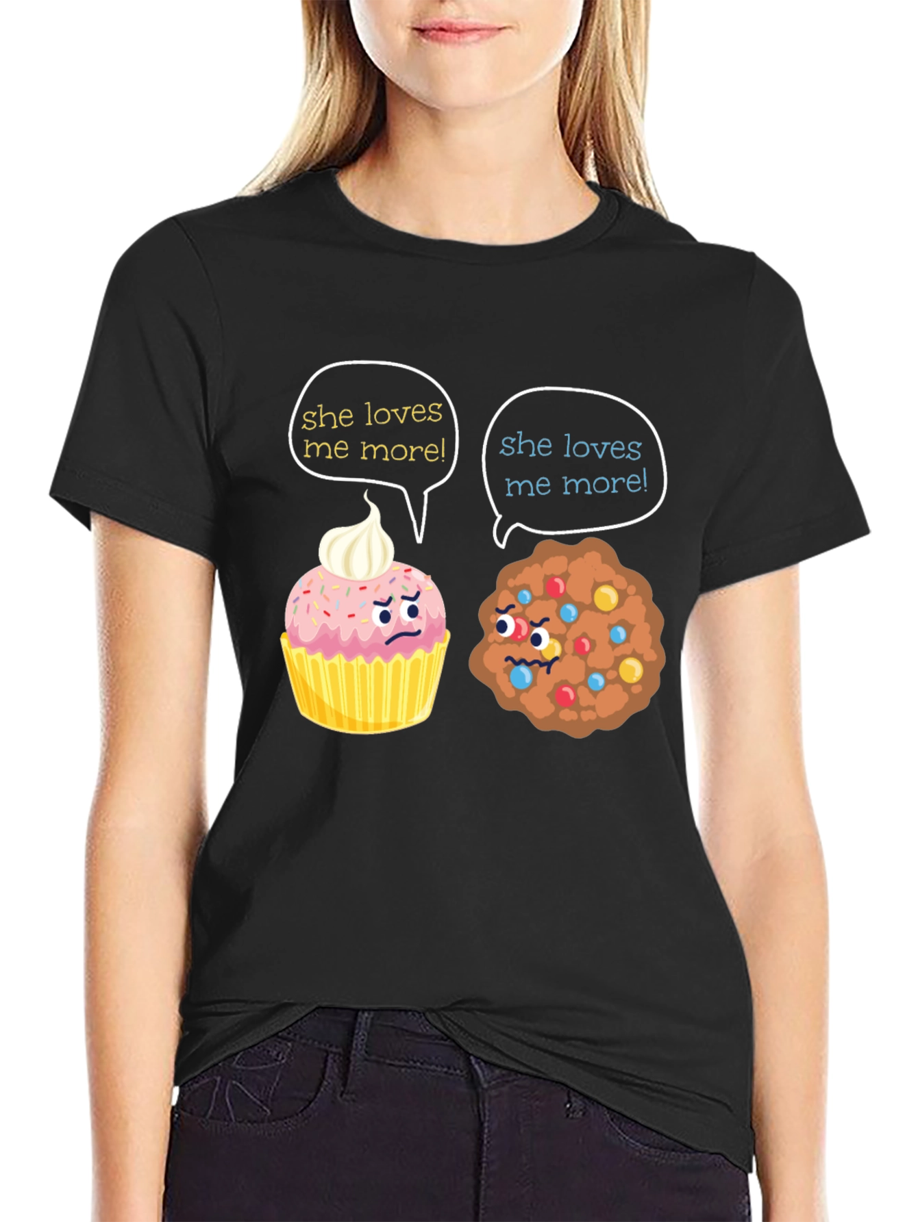 Black Funny She Loves Me More Cupcake vs Cookie T-Shirt view 2