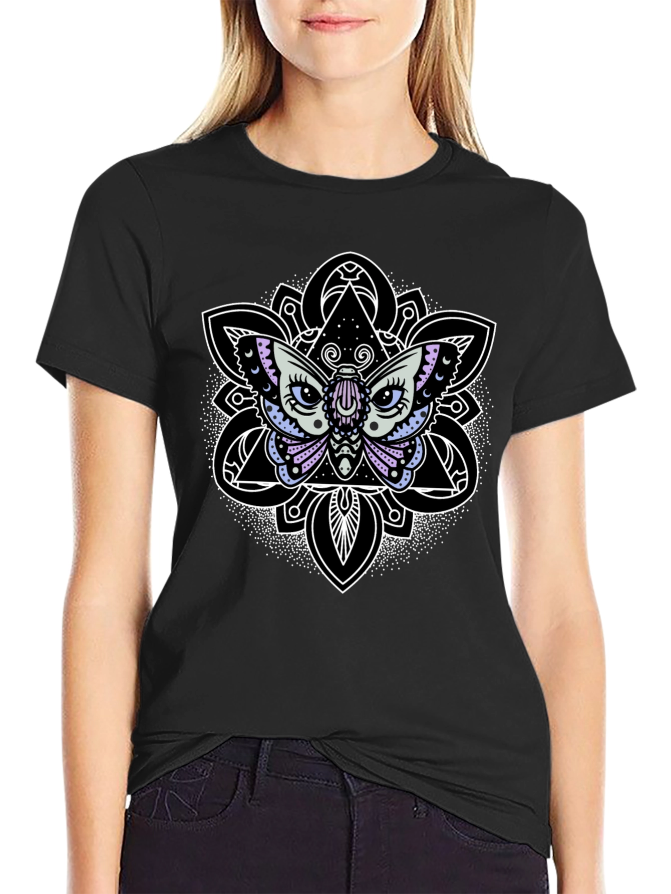 Black Moth Mandala Graphic Tee - Black Cotton T-Shirt view 2