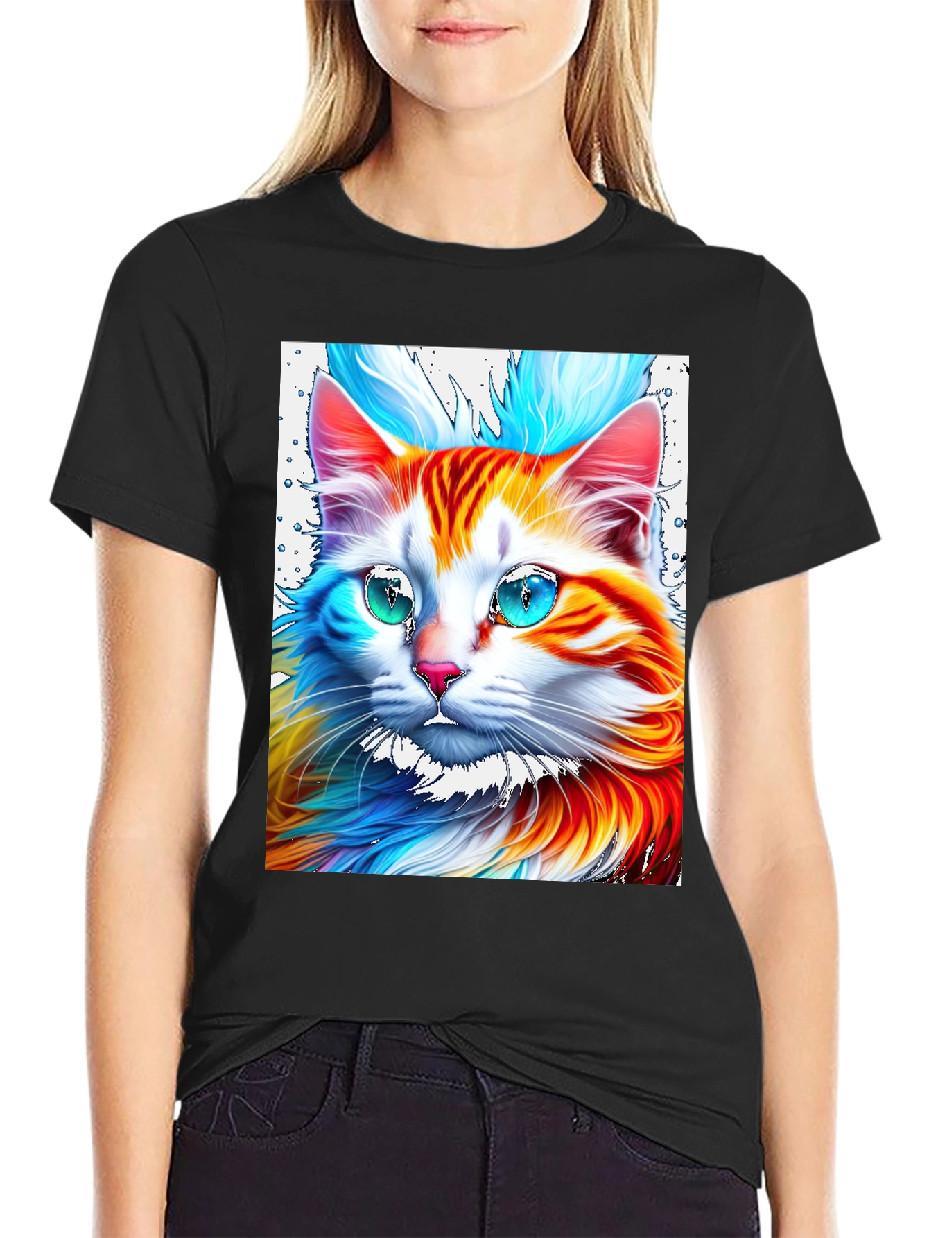Black Vibrant Cat Graphic Tee - Stylish Men's Black T-Shirt view 2