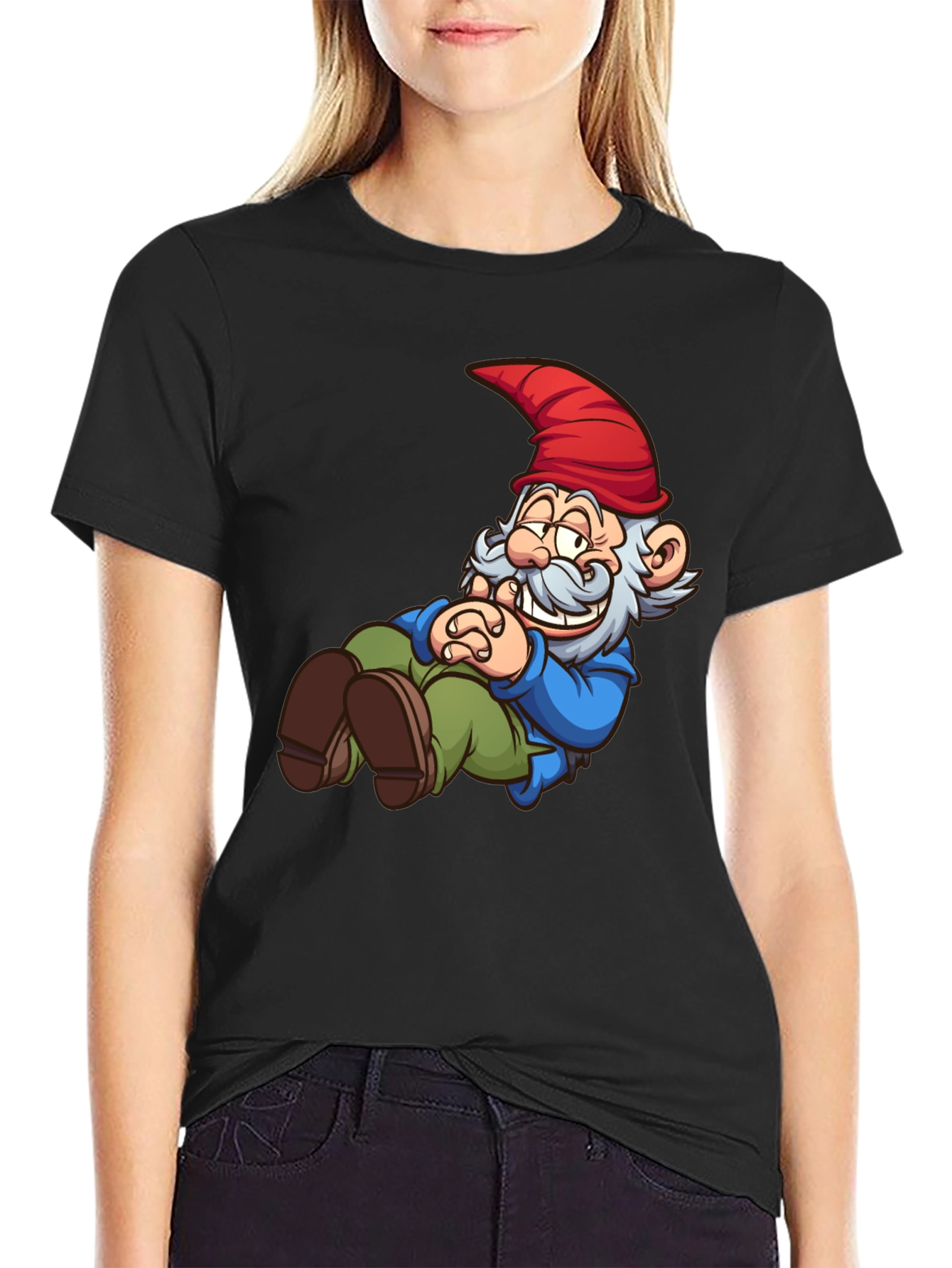 Black Funny Gnome T-Shirt - Cartoon Graphic Tee view 2