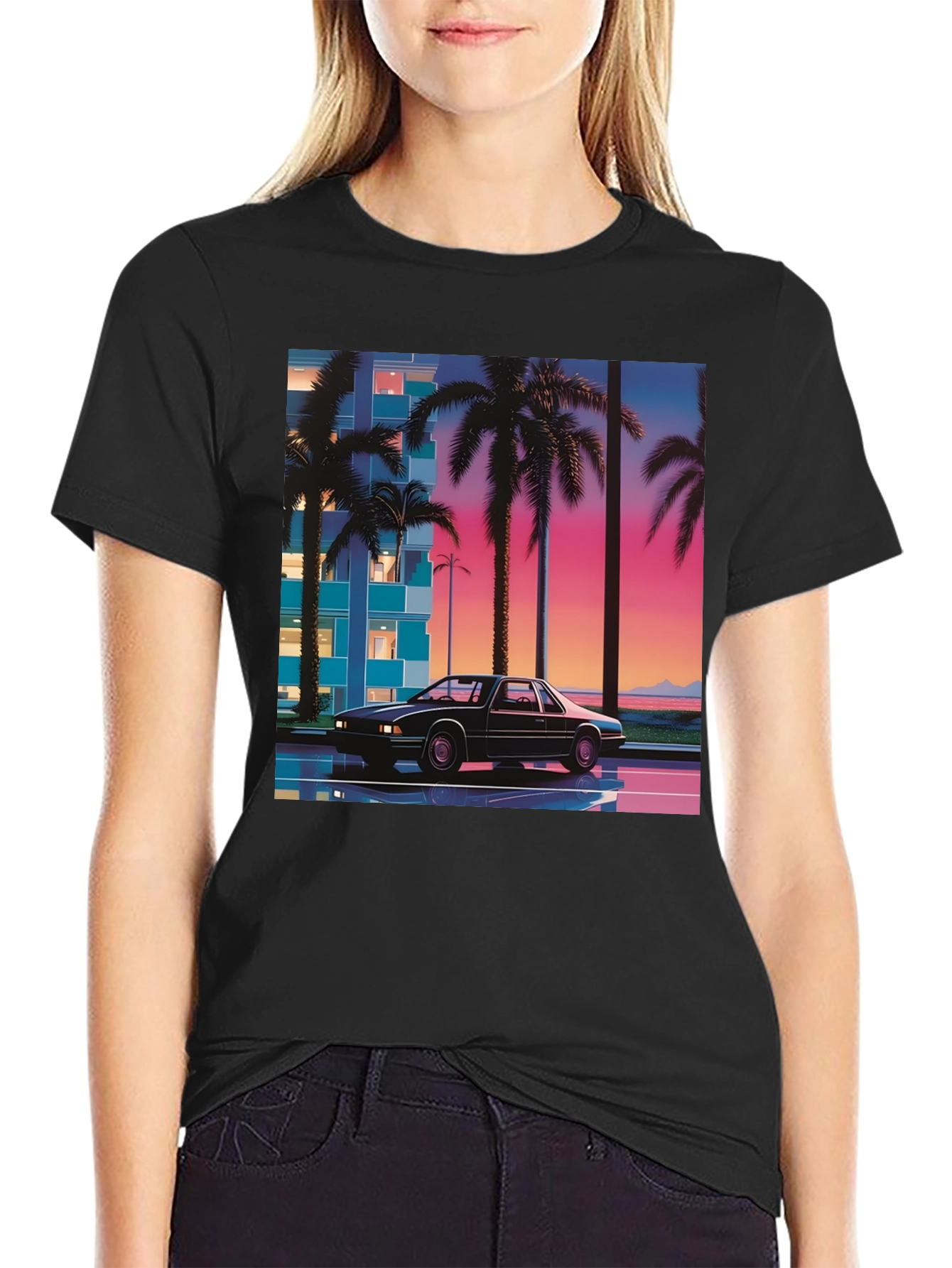 Black Retro Wave Car T-Shirt view 2
